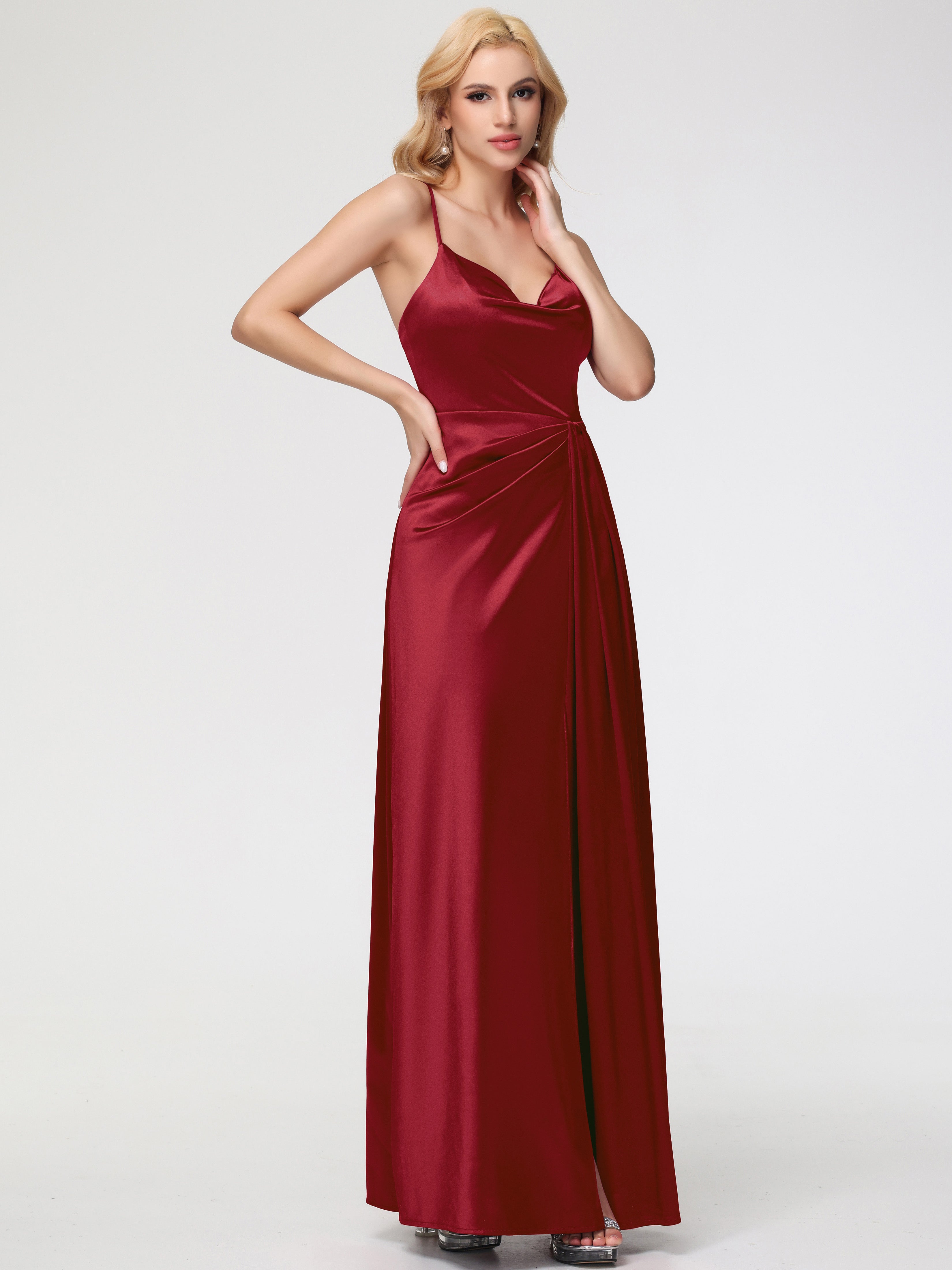 Robes Demoiselles D Honneur Bordeaux Col V Trapèze Satin Extensible Fendue Robe De Demoiselle D'Honneur Robe Plisée