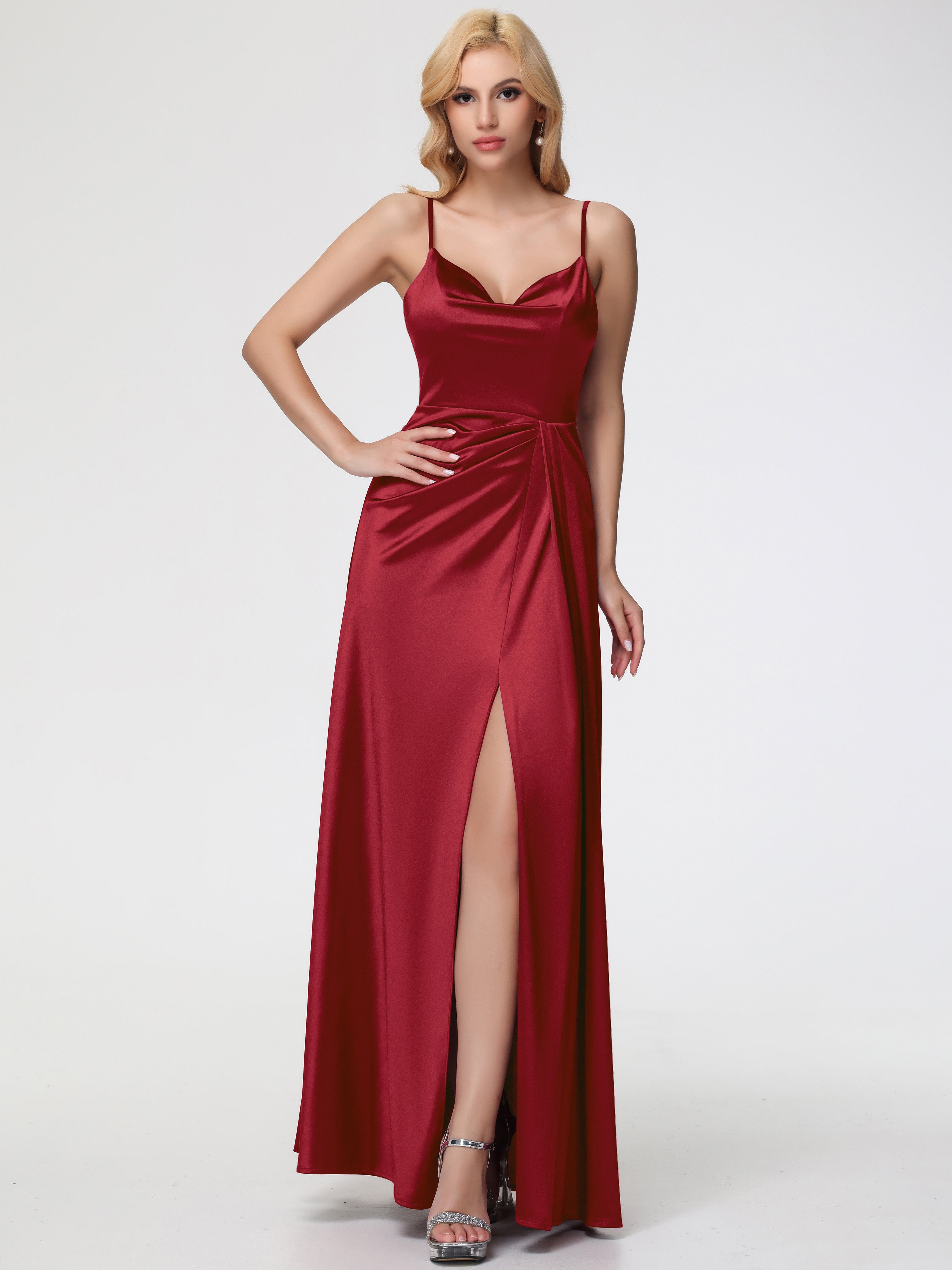 Robes Demoiselles D Honneur Bordeaux Col V Trapèze Satin Extensible Fendue Robe De Demoiselle D'Honneur Robe Plisée