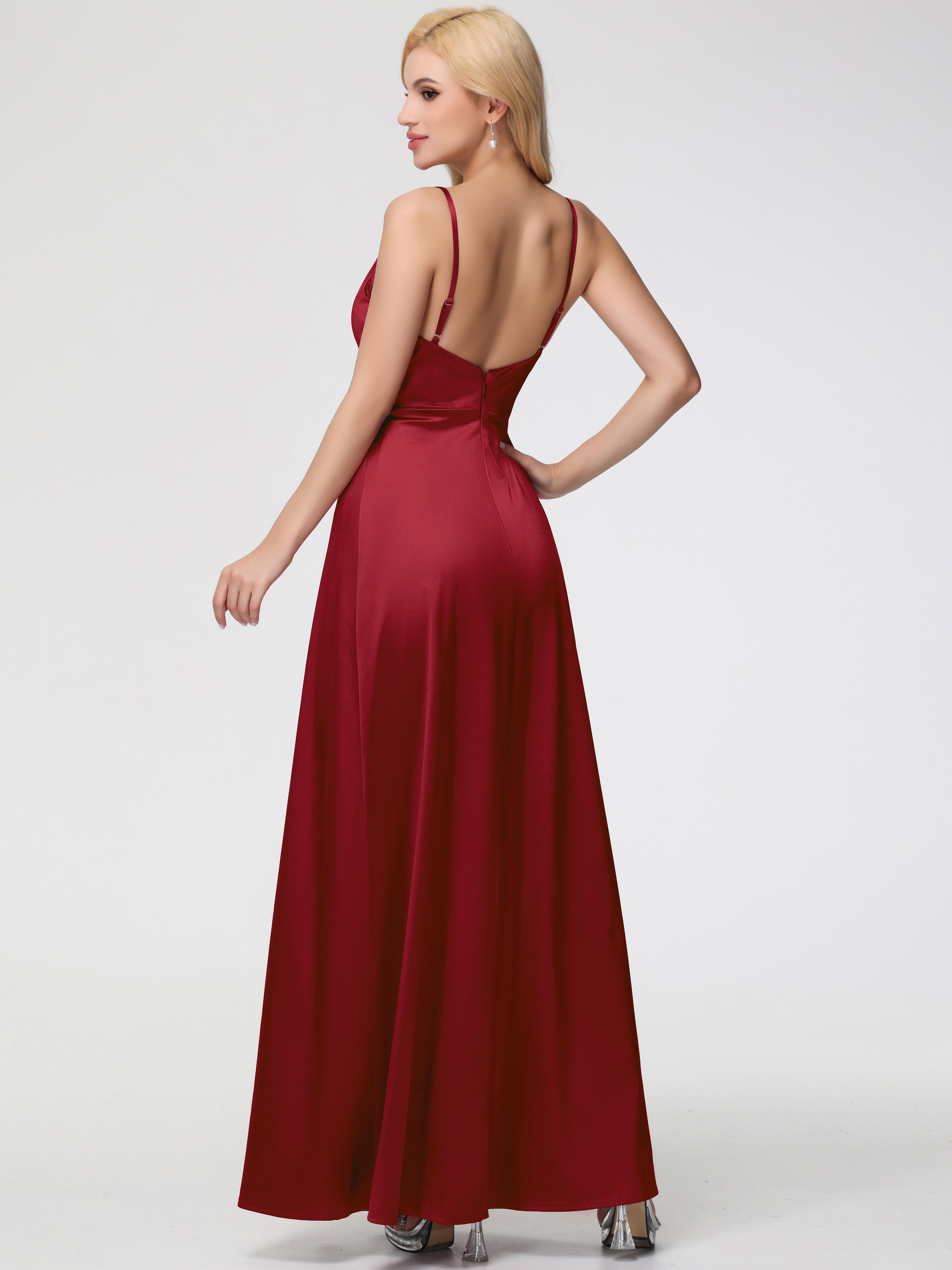 Robes Demoiselles D Honneur Bordeaux Col V Trapèze Satin Extensible Fendue Robe De Demoiselle D'Honneur Robe Plisée