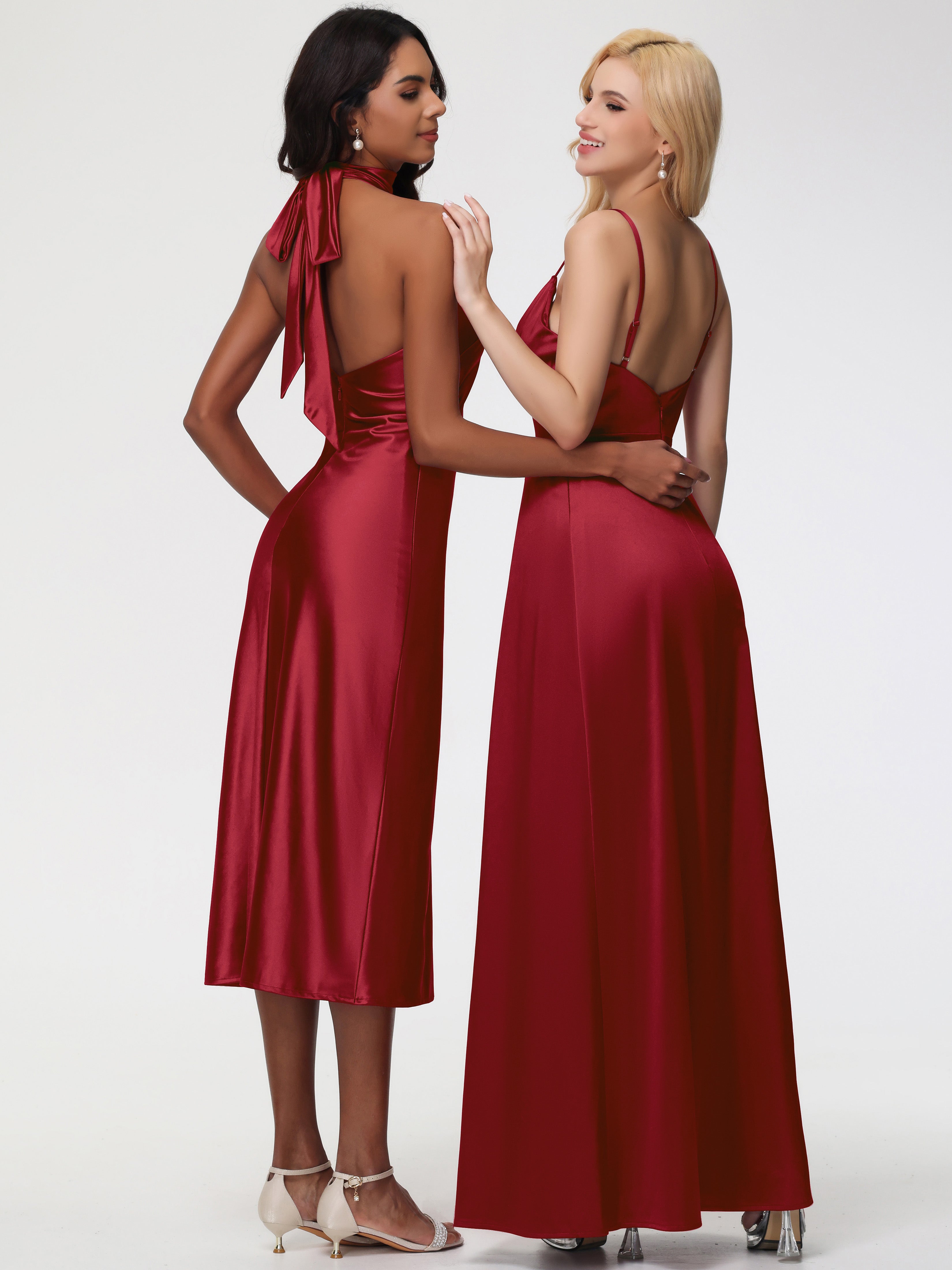 Robes Demoiselles D Honneur Bordeaux Col V Trapèze Satin Extensible Fendue Robe De Demoiselle D'Honneur Robe Plisée