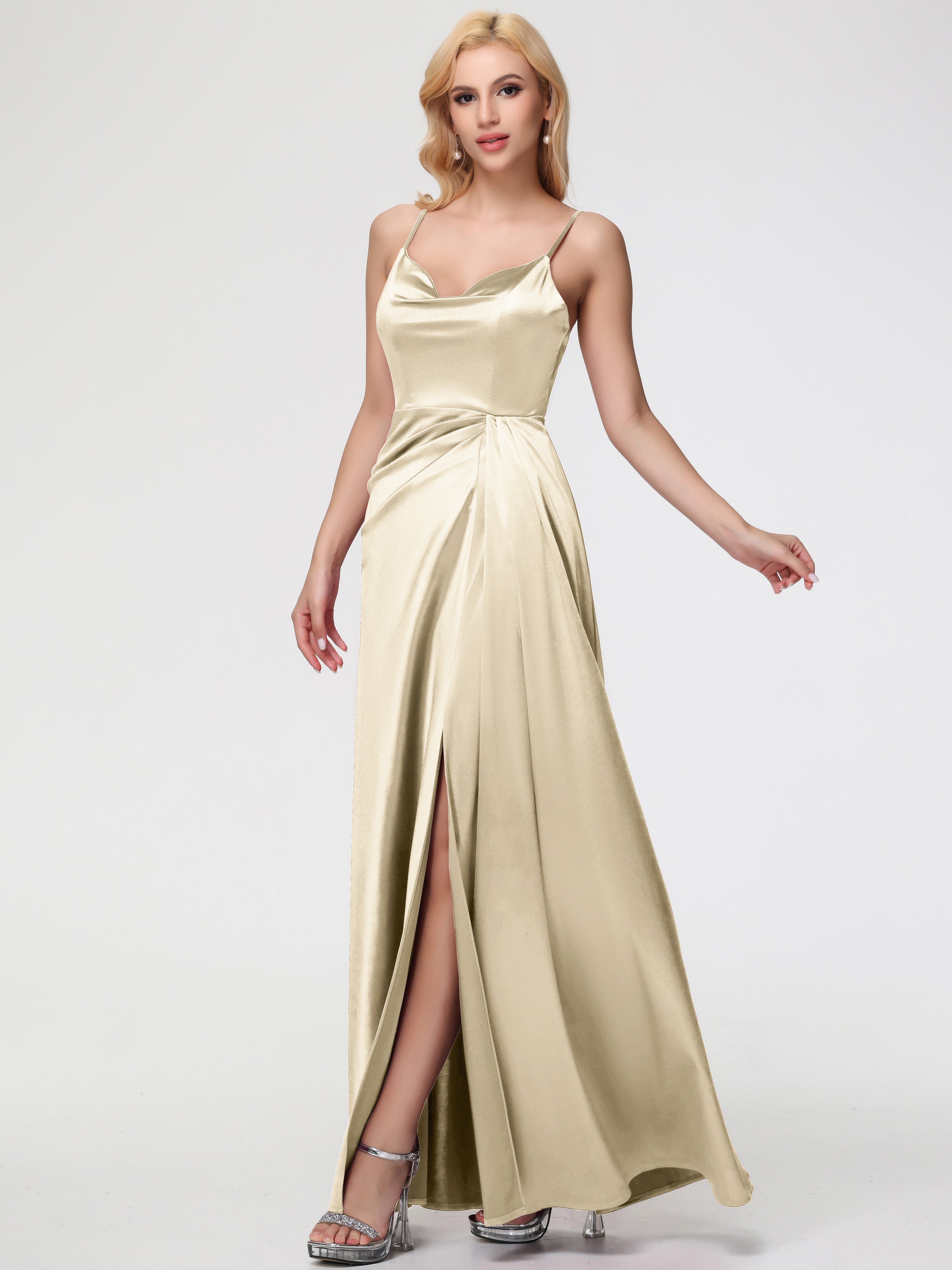 Robe Longue Demoiselle D Honneur Champagne Col V Trapèze Satin Extensible Fendue Robe De Demoiselle D'Honneur Robe Plisée