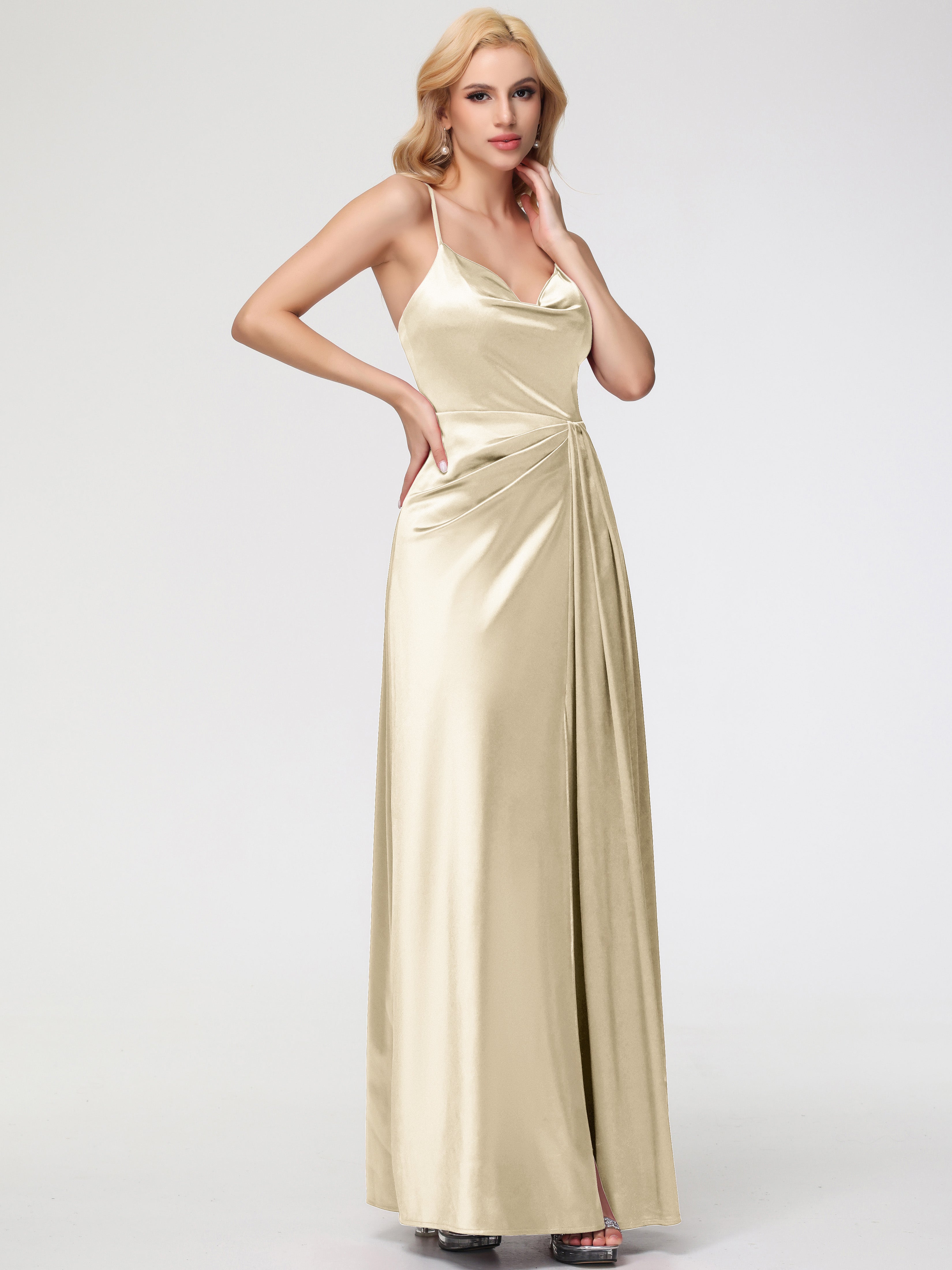 Robe Longue Demoiselle D Honneur Champagne Col V Trapèze Satin Extensible Fendue Robe De Demoiselle D'Honneur Robe Plisée