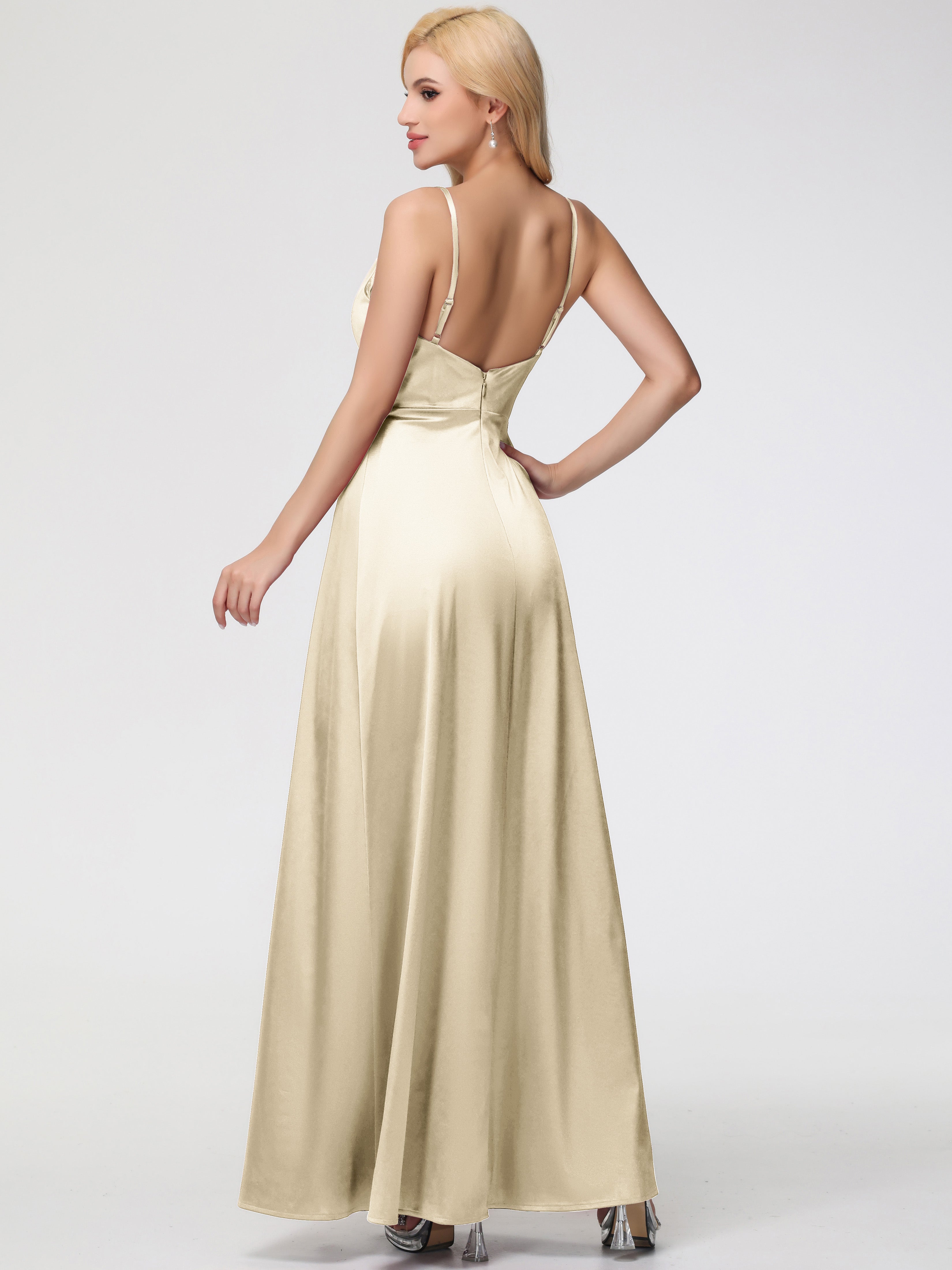 Robe Longue Demoiselle D Honneur Champagne Col V Trapèze Satin Extensible Fendue Robe De Demoiselle D'Honneur Robe Plisée