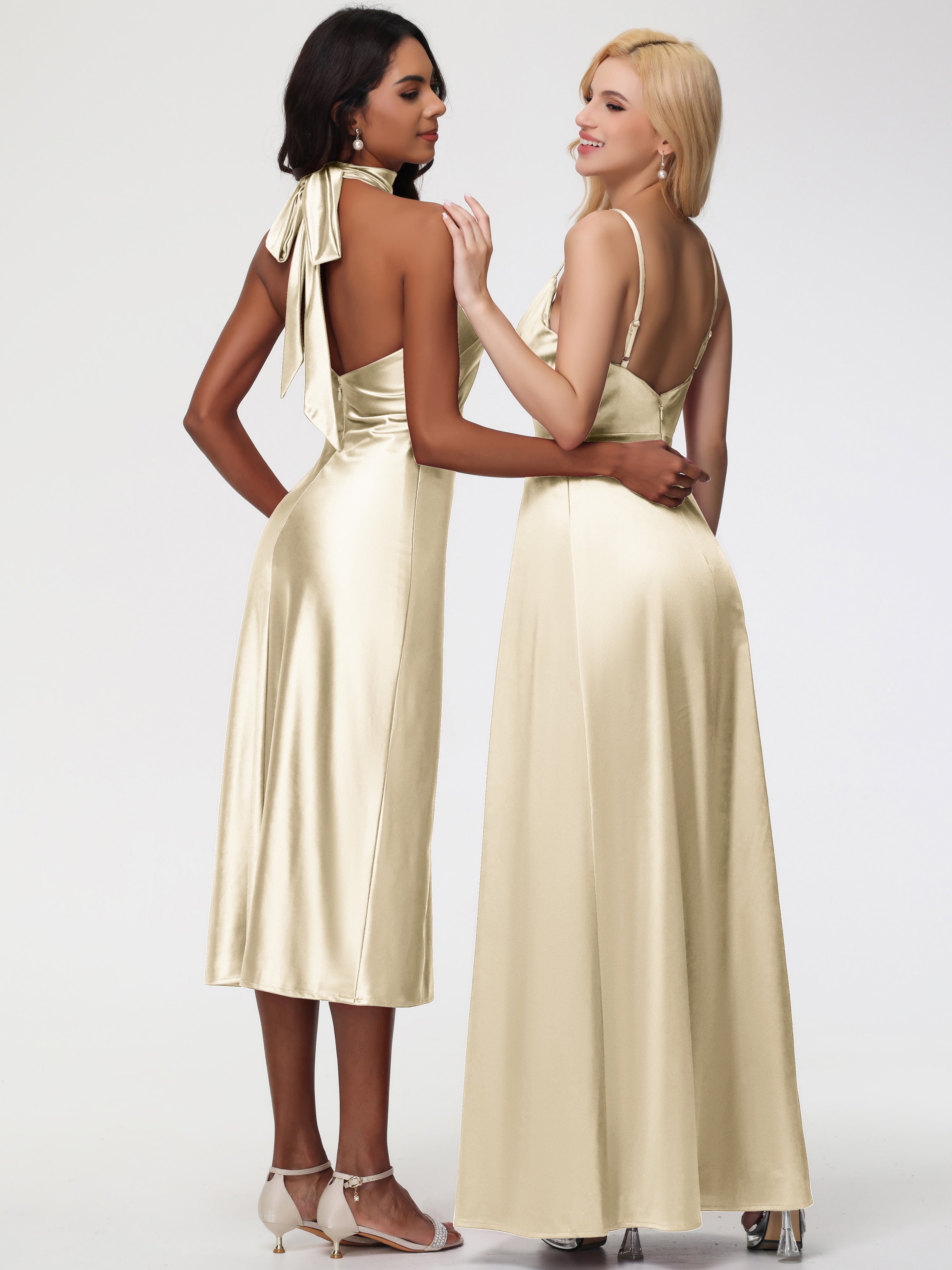 Robe Longue Demoiselle D Honneur Champagne Col V Trapèze Satin Extensible Fendue Robe De Demoiselle D'Honneur Robe Plisée