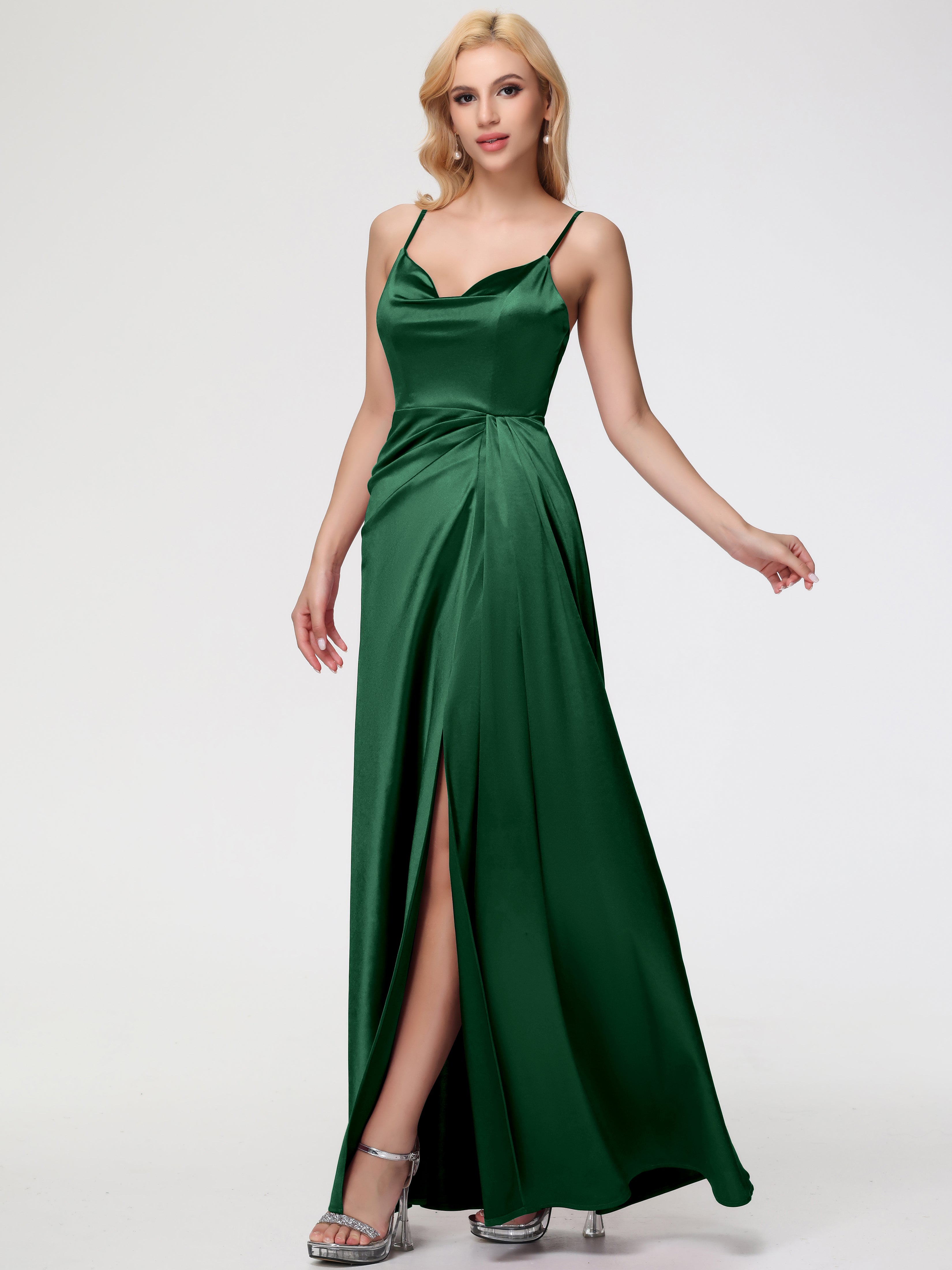 Demoiselle D'Honneur VERT FONCÉ Col V Trapèze Satin Extensible Fendue Robe De Demoiselle D'Honneur Robe Plisée