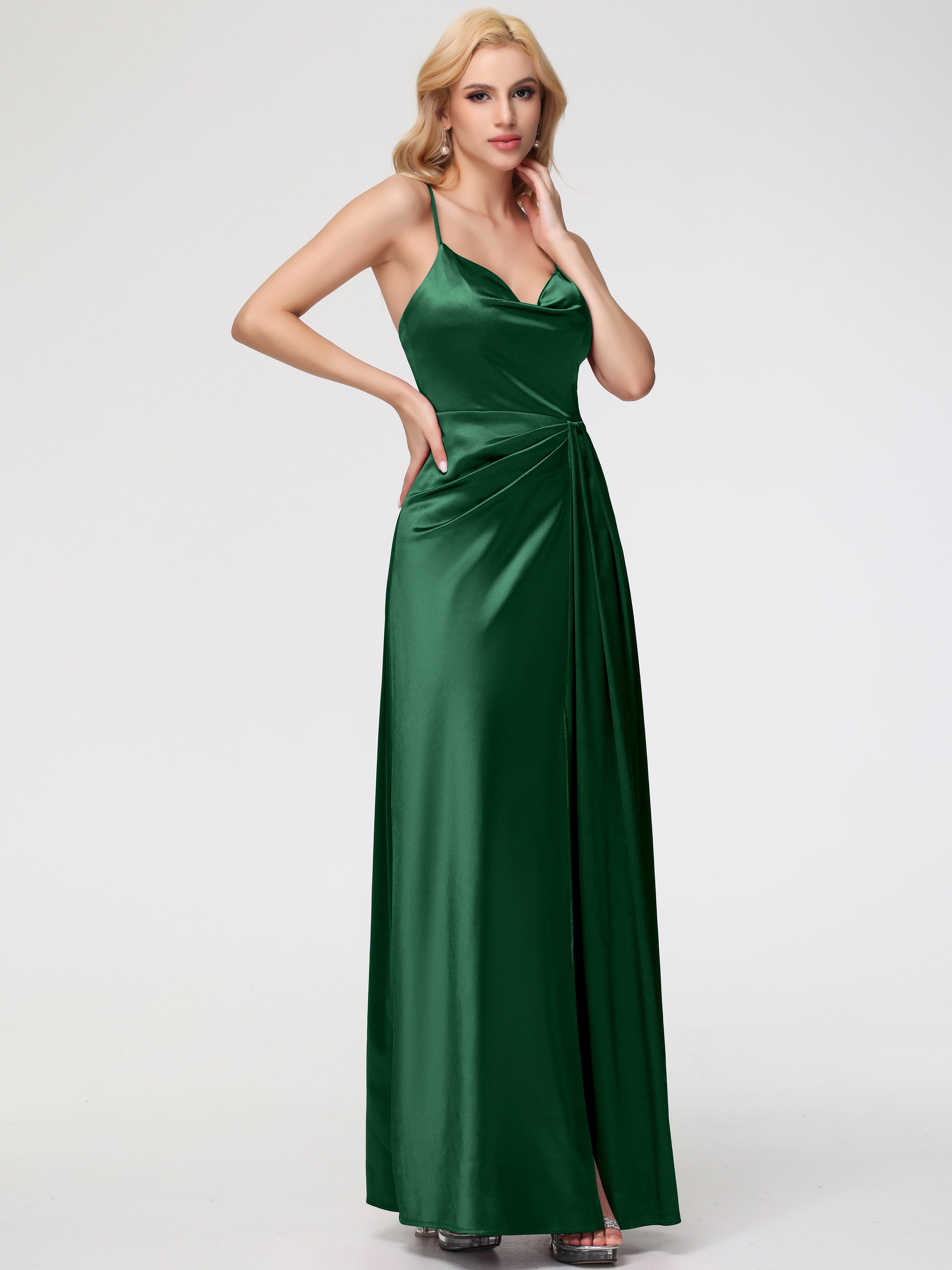 Demoiselle D'Honneur VERT FONCÉ Col V Trapèze Satin Extensible Fendue Robe De Demoiselle D'Honneur Robe Plisée