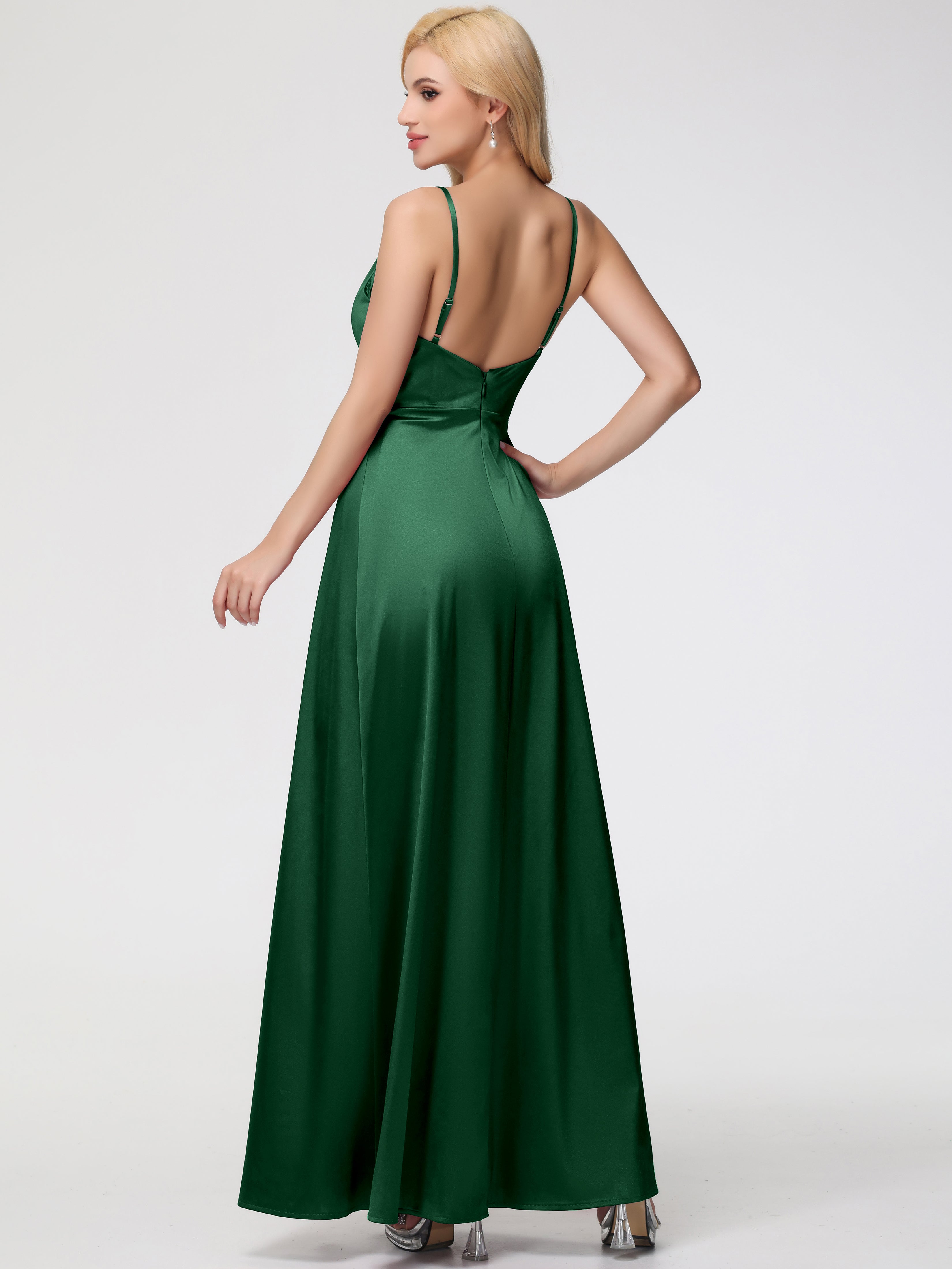 Demoiselle D'Honneur VERT FONCÉ Col V Trapèze Satin Extensible Fendue Robe De Demoiselle D'Honneur Robe Plisée
