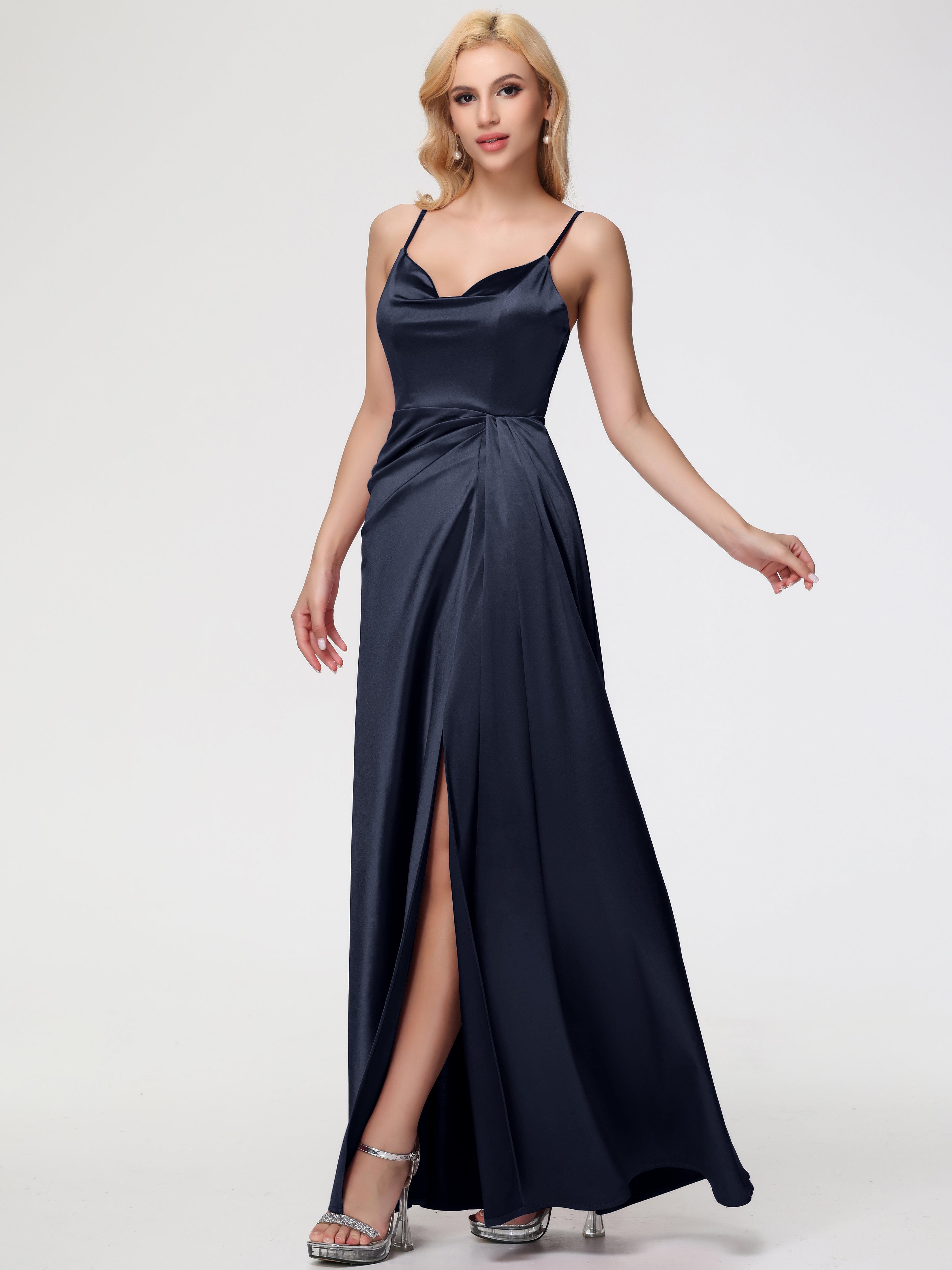Robes De Demoiselle D'Honneur Bleu Marine Modestes Col V Trapèze Satin Extensible Fendue Robe De Demoiselle D'Honneur Robe Plisée