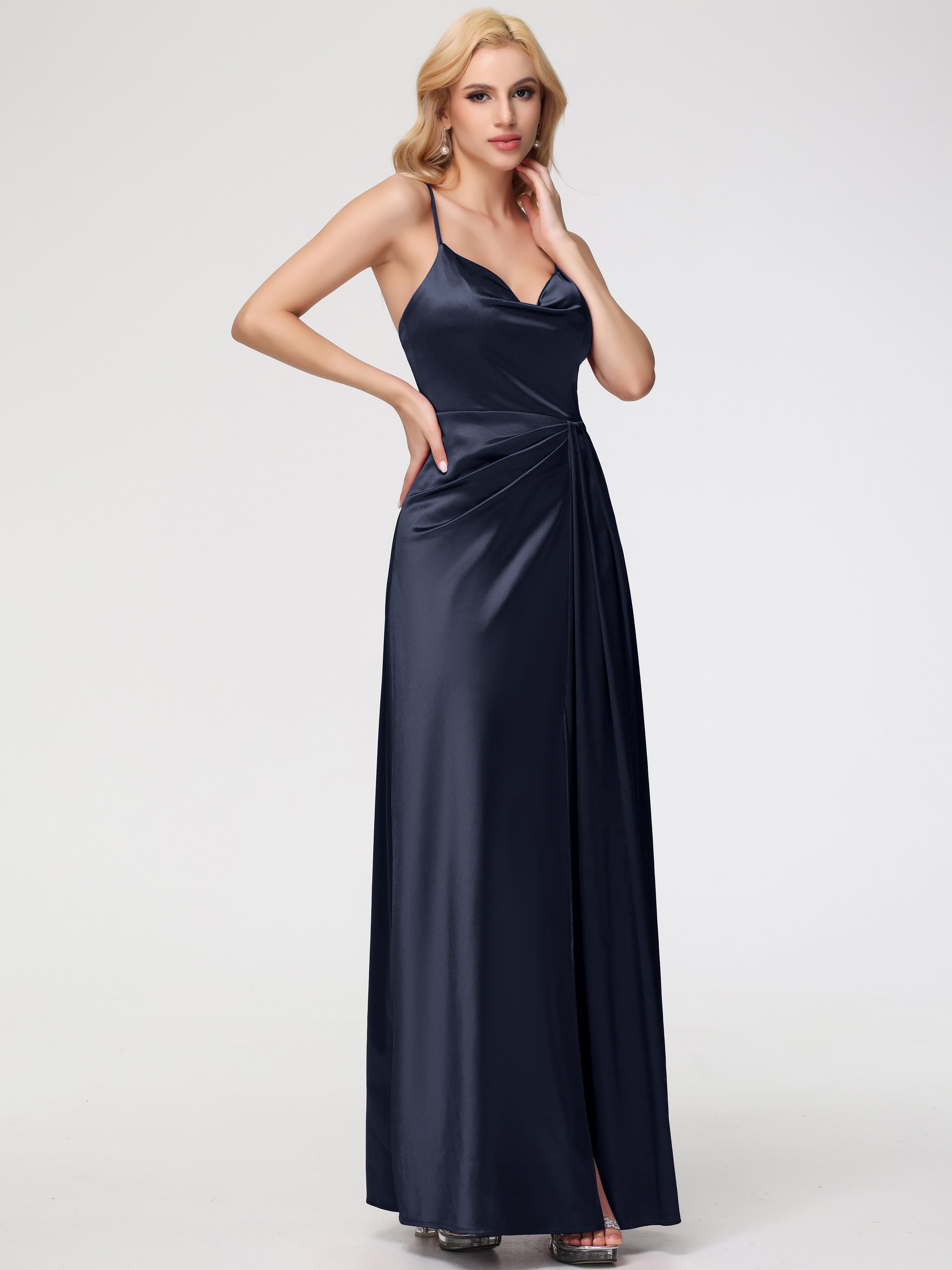 Robes De Demoiselle D'Honneur Bleu Marine Modestes Col V Trapèze Satin Extensible Fendue Robe De Demoiselle D'Honneur Robe Plisée