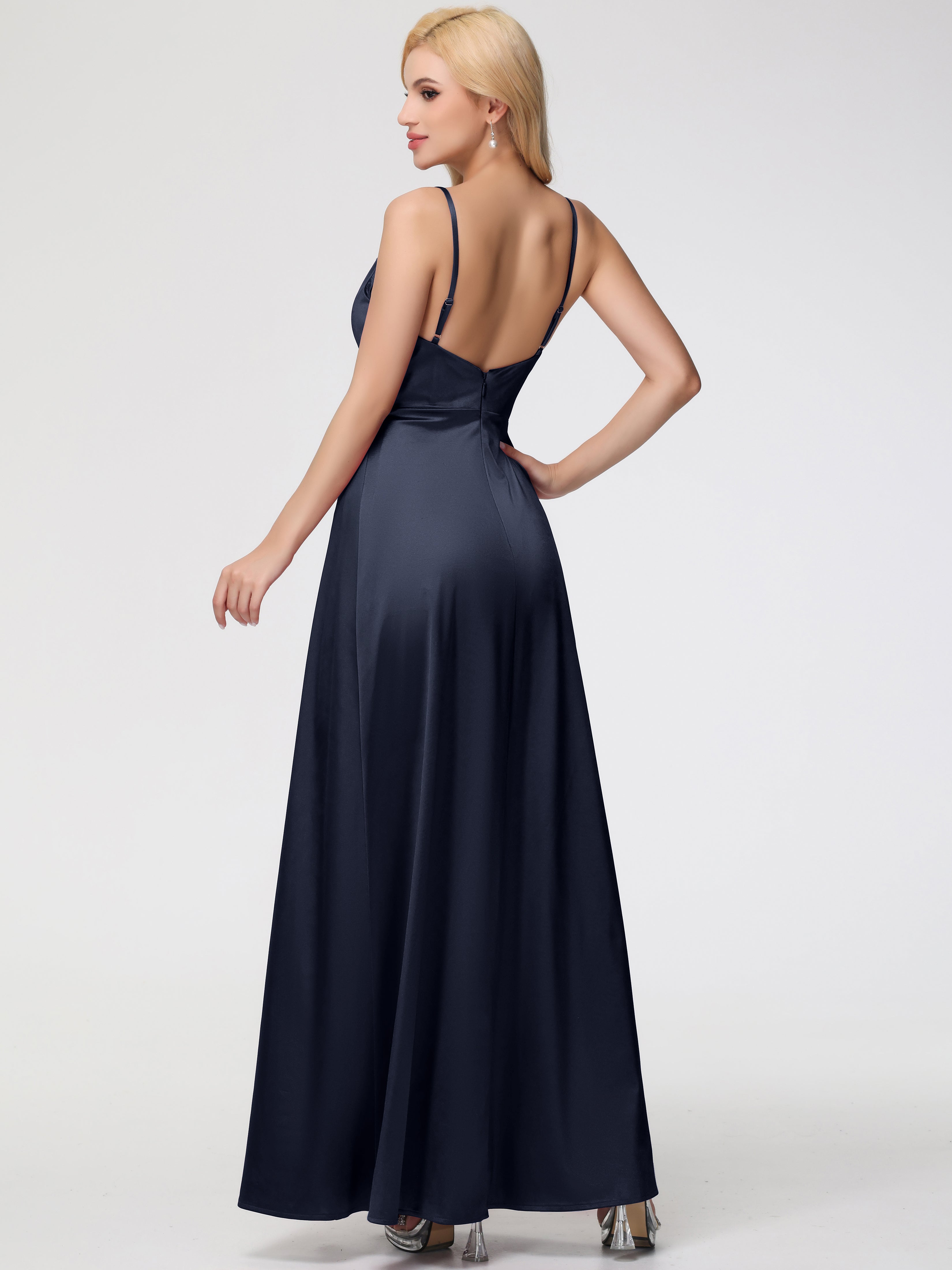 Robes De Demoiselle D'Honneur Bleu Marine Modestes Col V Trapèze Satin Extensible Fendue Robe De Demoiselle D'Honneur Robe Plisée
