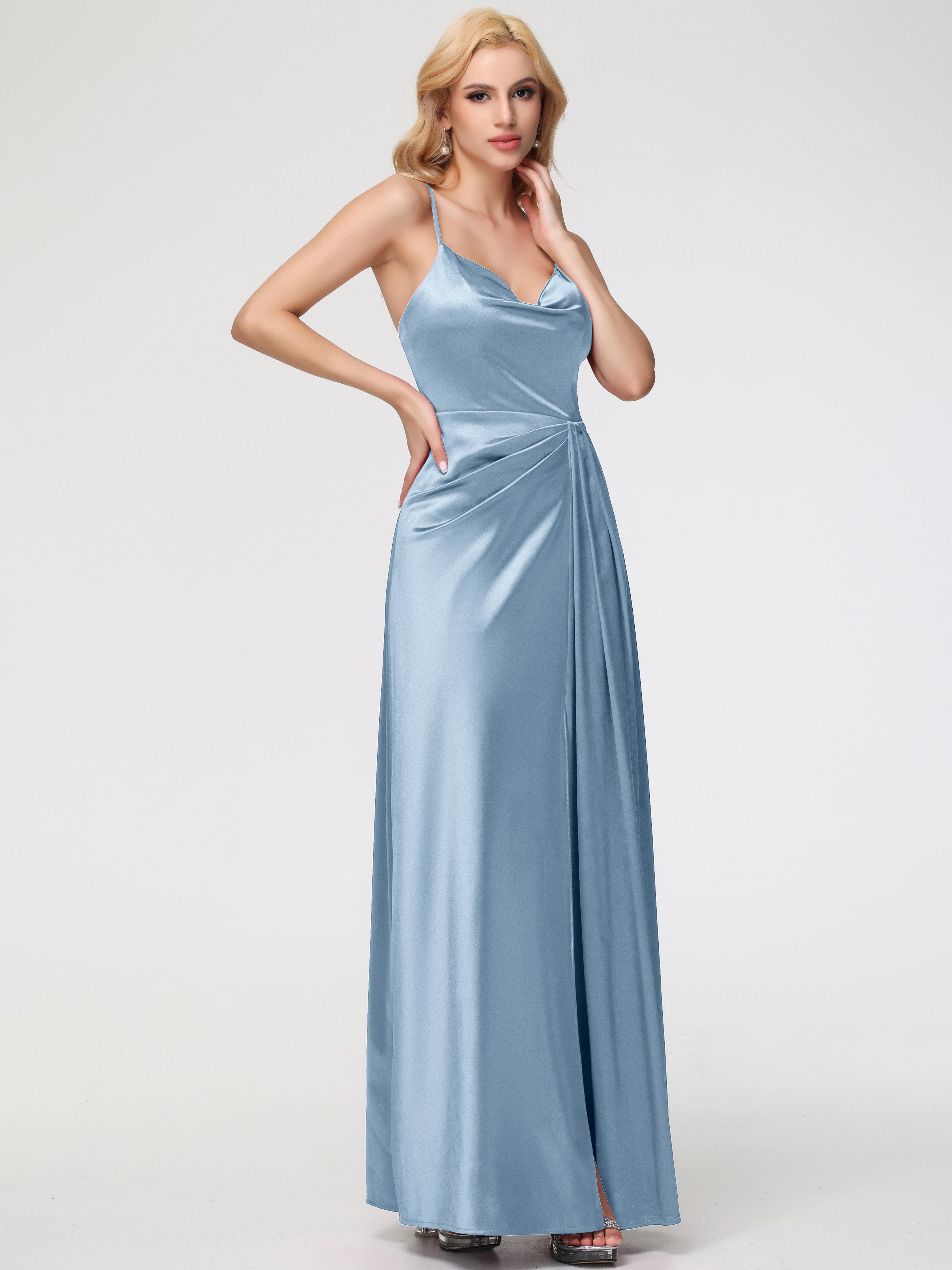 Robes De Demoiselle D'Honneur Bleu Gris Col V Trapèze Satin Extensible Fendue Robe De Demoiselle D'Honneur Robe Plisée