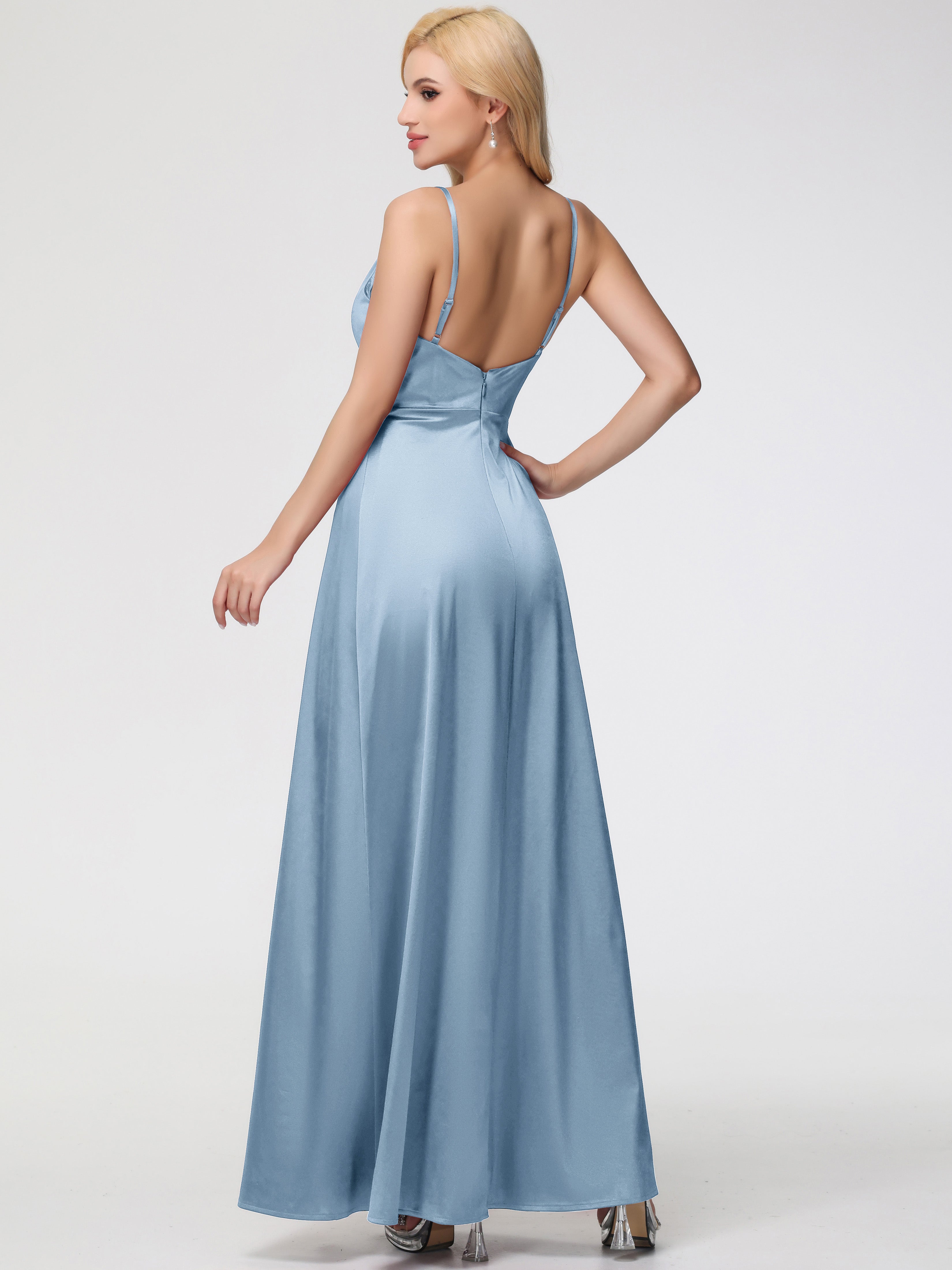Robes De Demoiselle D'Honneur Bleu Gris Col V Trapèze Satin Extensible Fendue Robe De Demoiselle D'Honneur Robe Plisée