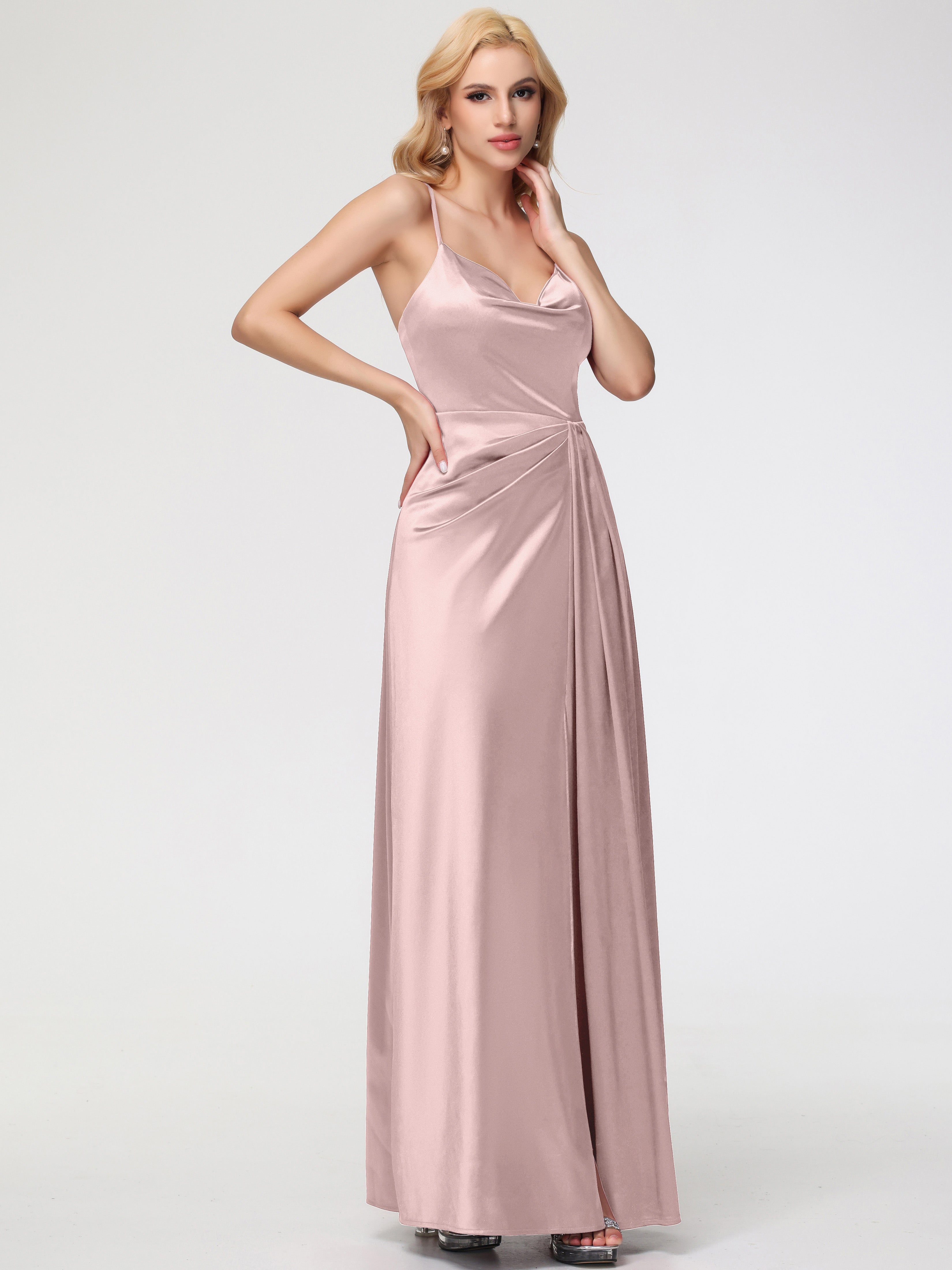 Robe De Demoiselle D Honneur ROSE POUDRÉe Col V Trapèze Satin Extensible Fendue Robe De Demoiselle D'Honneur Robe Plisée