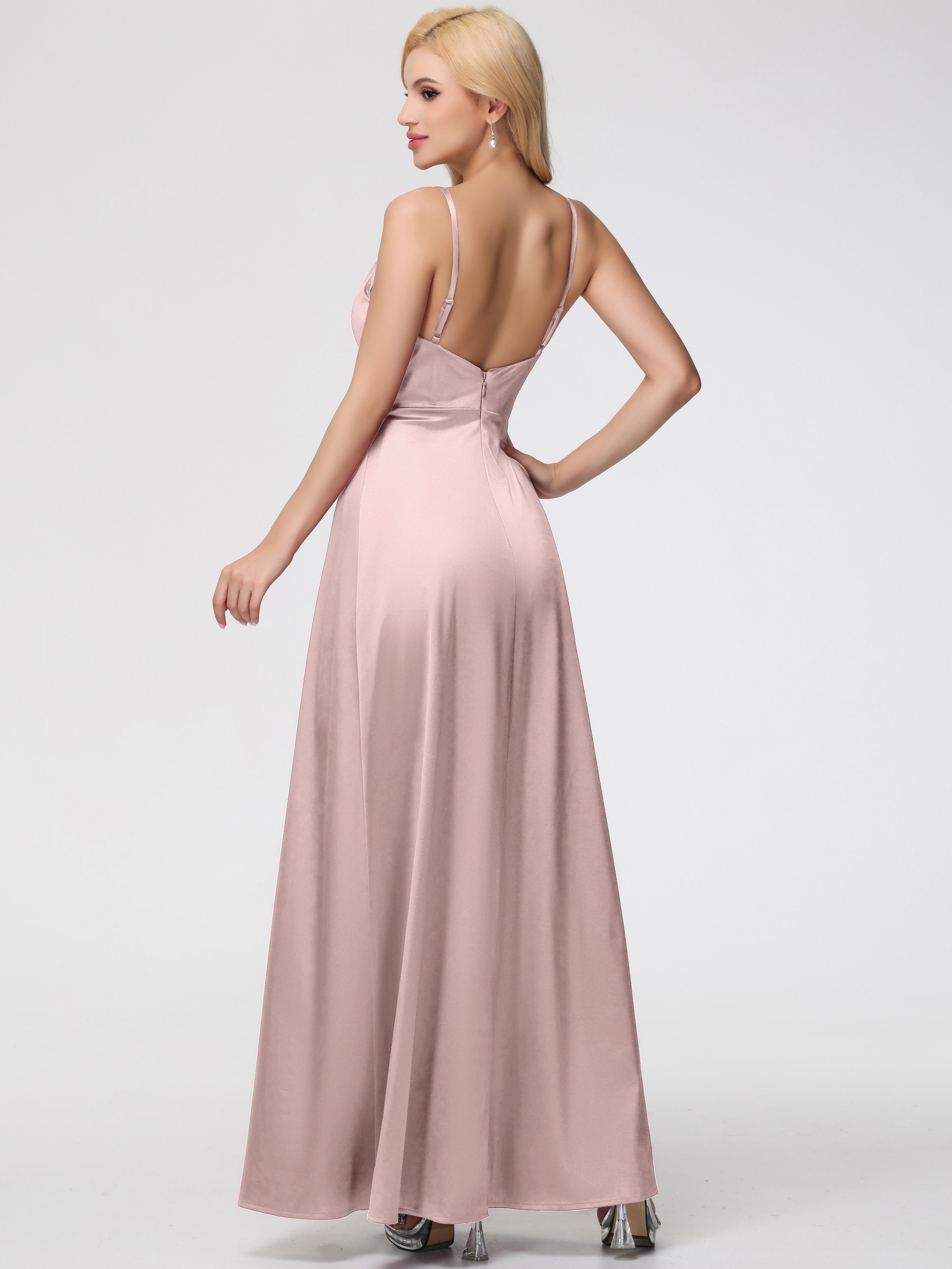 Robe De Demoiselle D Honneur ROSE POUDRÉe Col V Trapèze Satin Extensible Fendue Robe De Demoiselle D'Honneur Robe Plisée