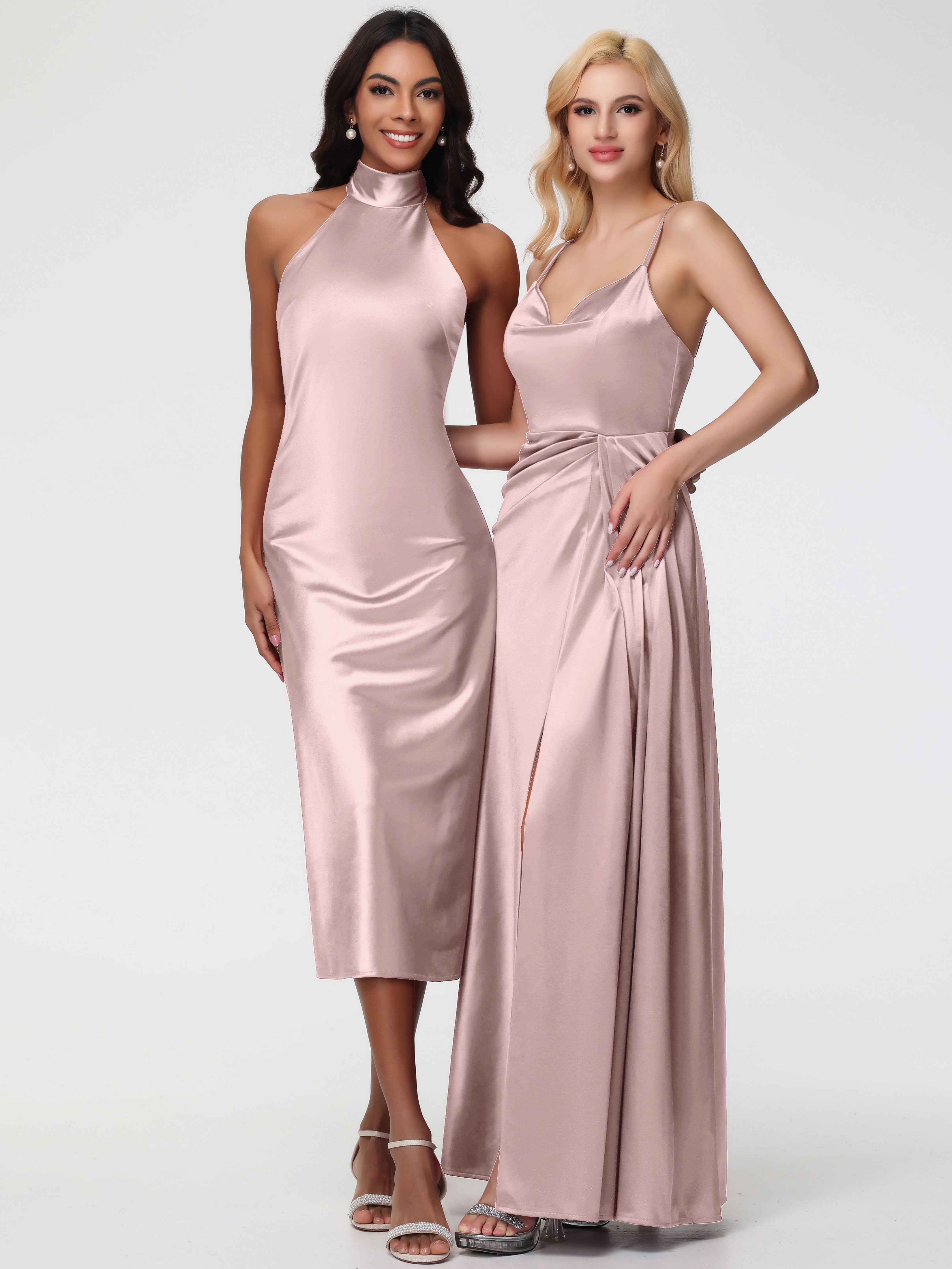 Robe De Demoiselle D Honneur ROSE POUDRÉe Col V Trapèze Satin Extensible Fendue Robe De Demoiselle D'Honneur Robe Plisée