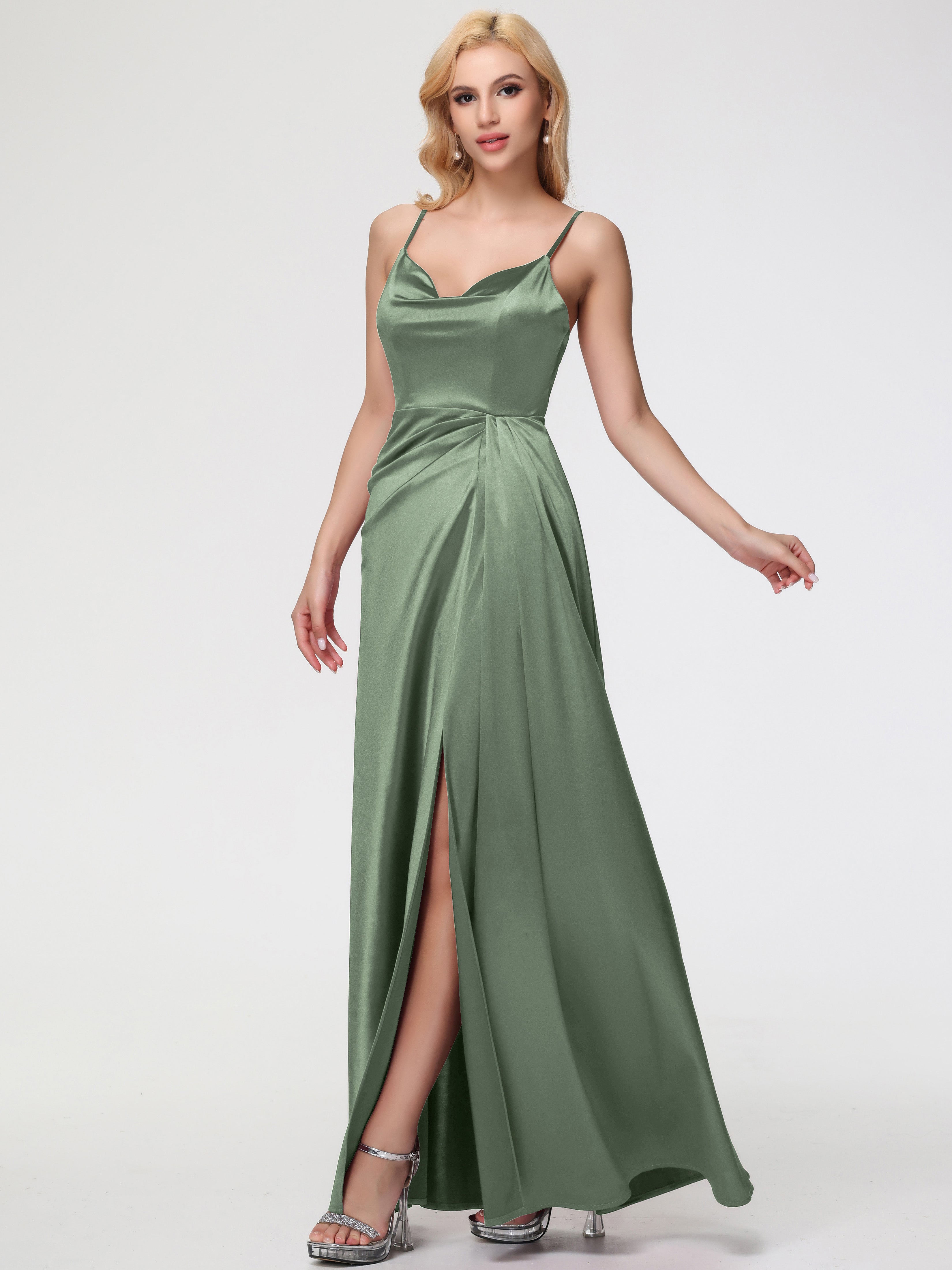 Robe Demoiselle D Honneur SAUGE POUDRÉE Col V Trapèze Satin Extensible Fendue Robe De Demoiselle D'Honneur Robe Plisée