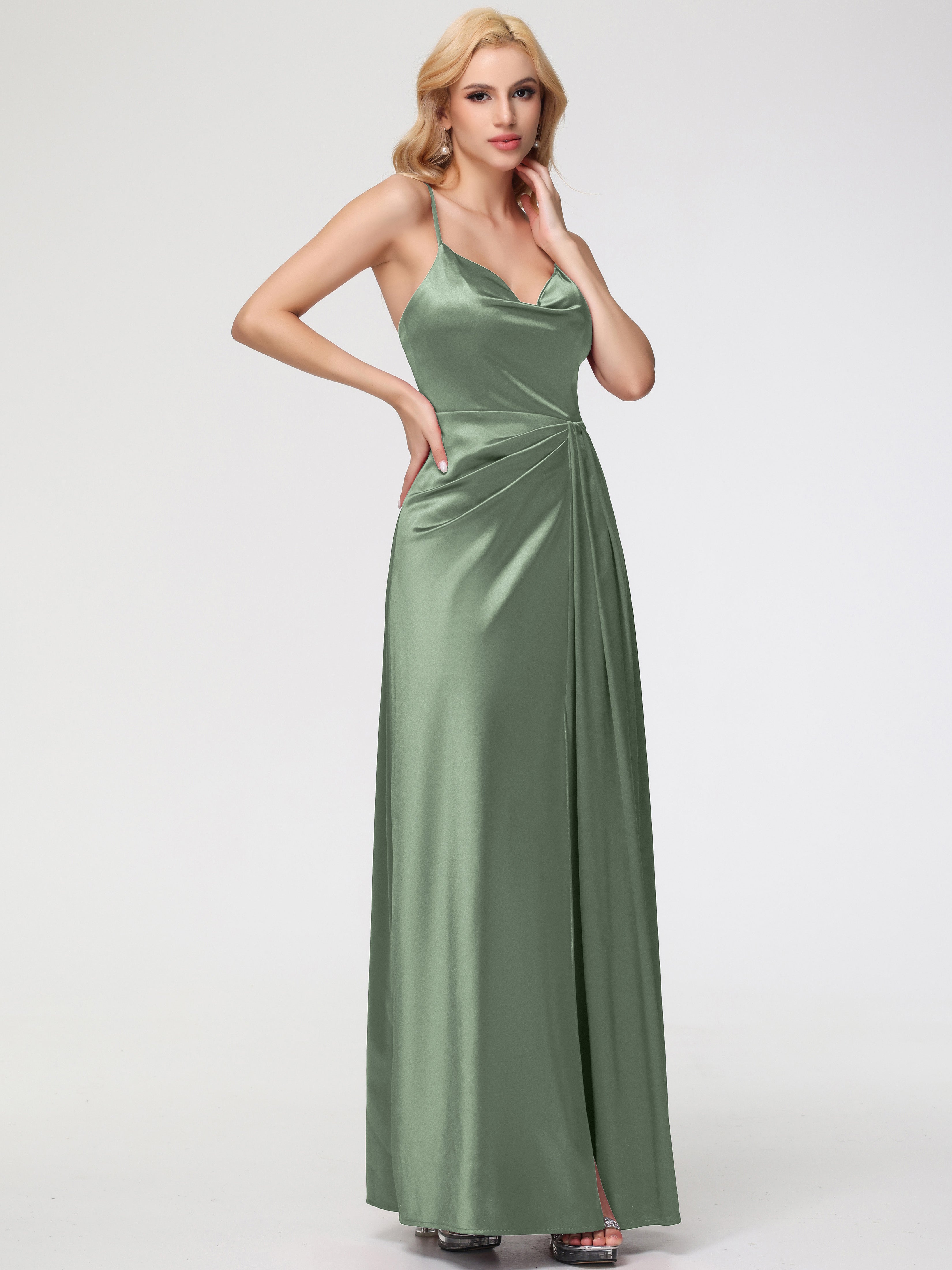 Robe Demoiselle D Honneur SAUGE POUDRÉE Col V Trapèze Satin Extensible Fendue Robe De Demoiselle D'Honneur Robe Plisée