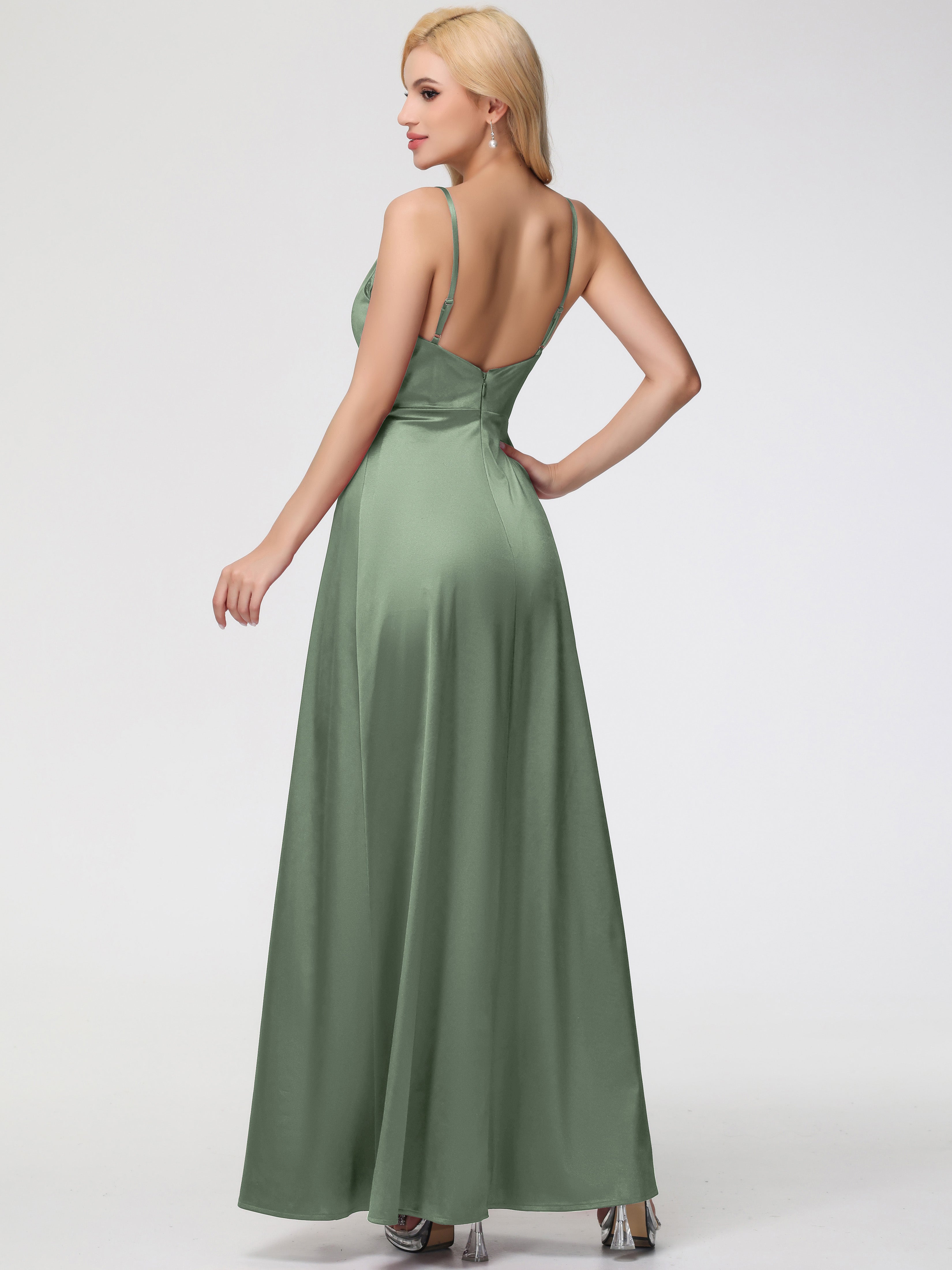 Robe Demoiselle D Honneur SAUGE POUDRÉE Col V Trapèze Satin Extensible Fendue Robe De Demoiselle D'Honneur Robe Plisée