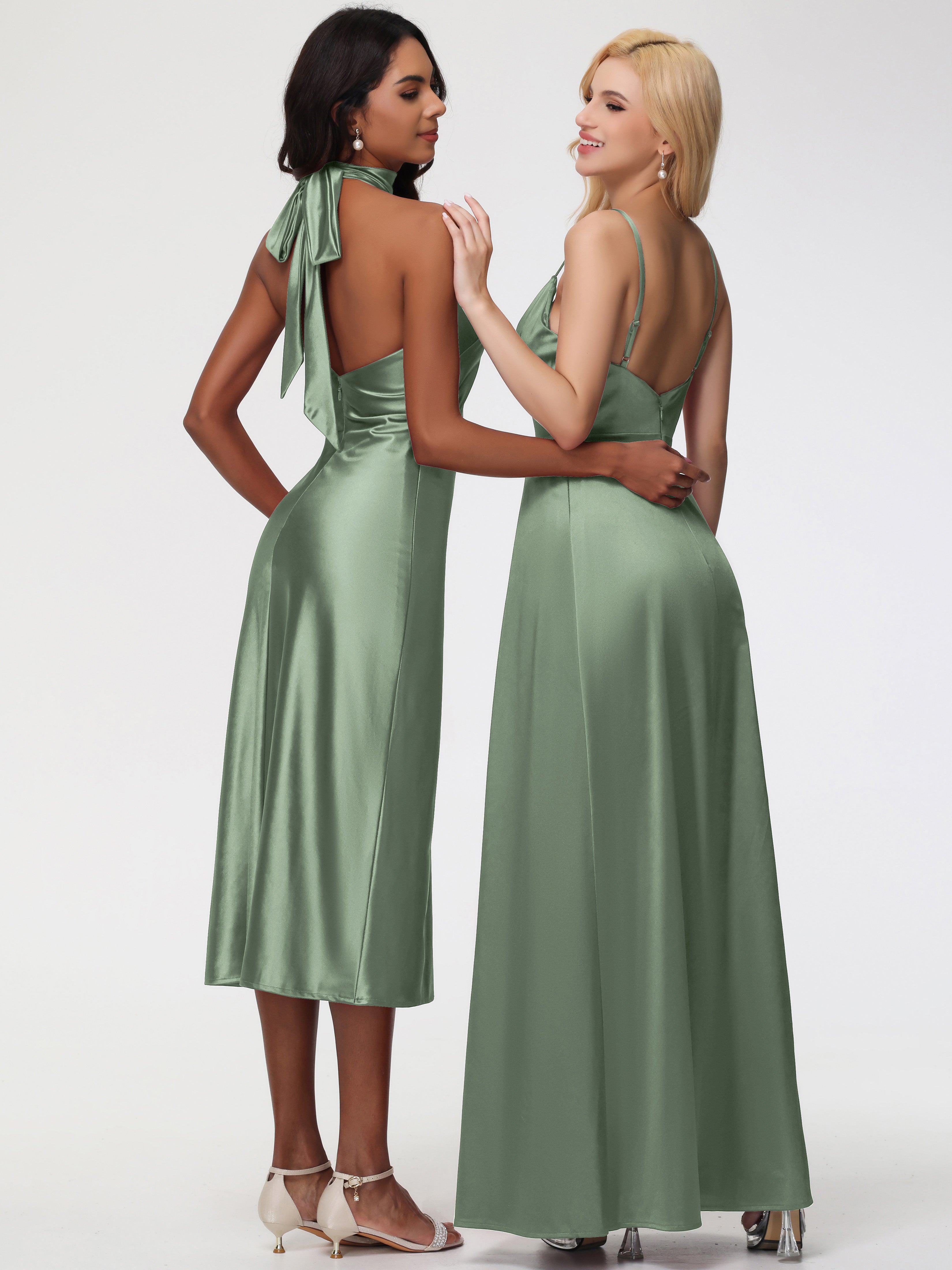 Robe Demoiselle D Honneur SAUGE POUDRÉE Col V Trapèze Satin Extensible Fendue Robe De Demoiselle D'Honneur Robe Plisée