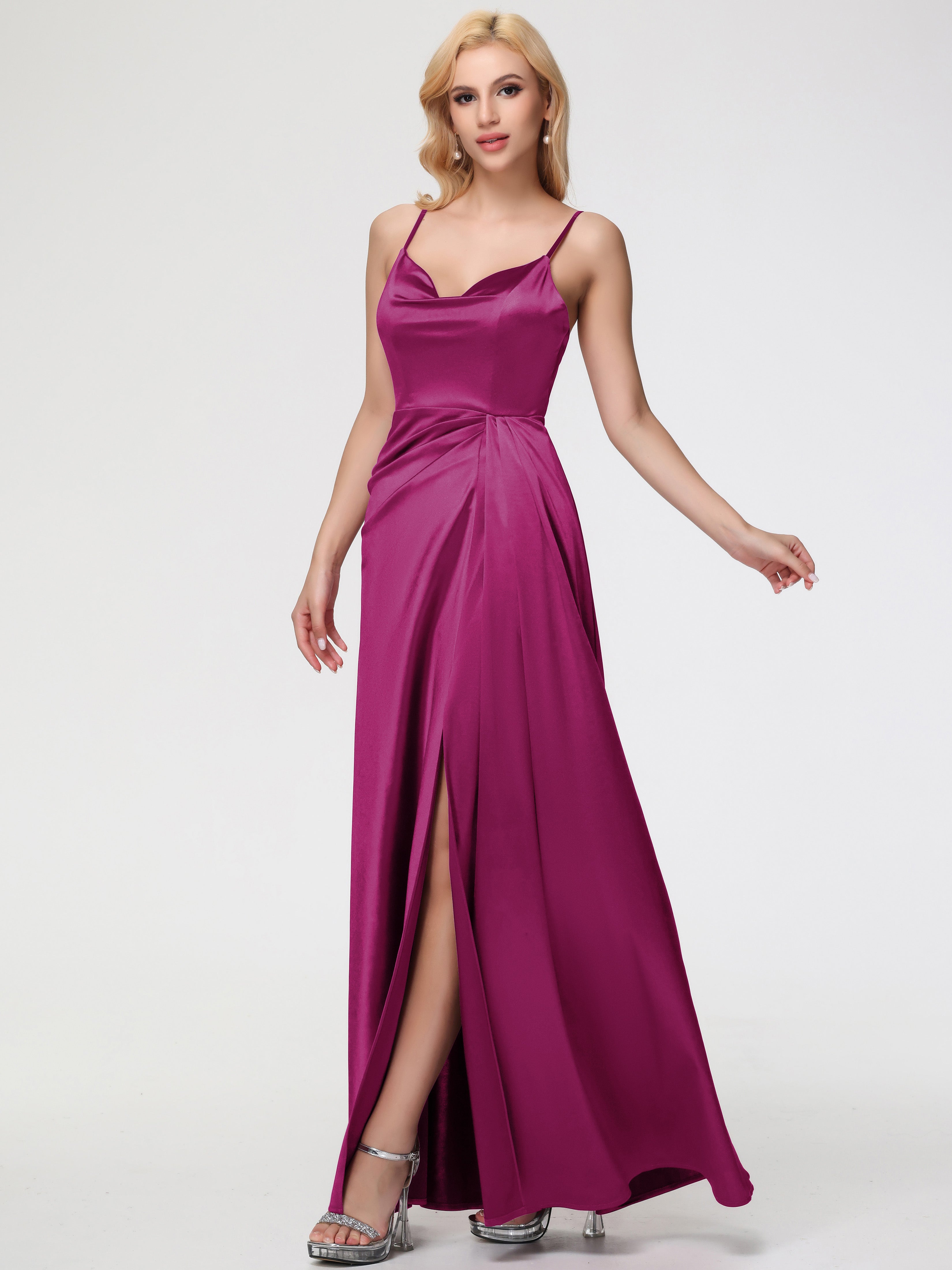 Robe Fuchsia Demoiselle D Honneur Col V Trapèze Satin Extensible Fendue Robe De Demoiselle D'Honneur Robe Plisée