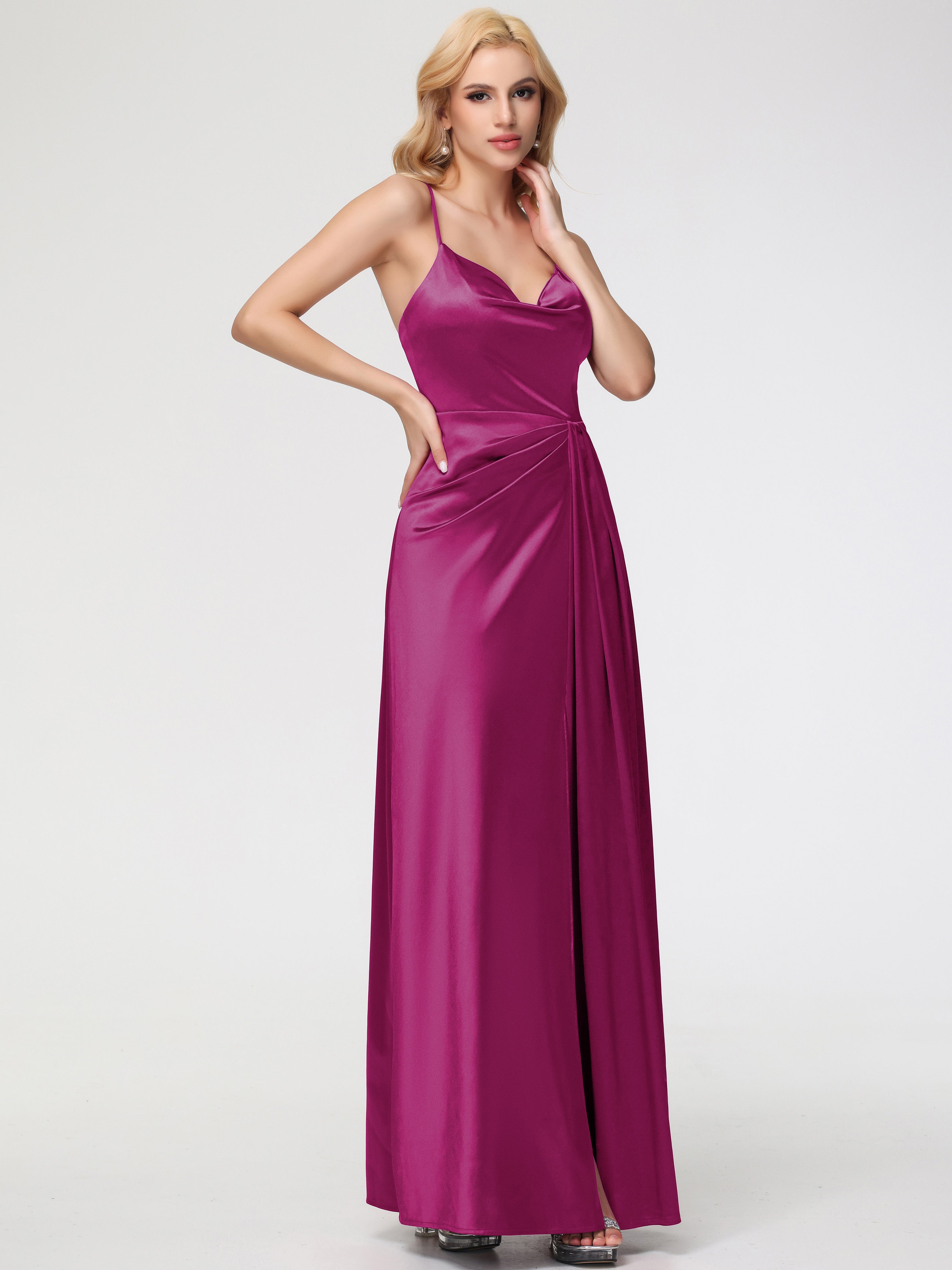 Robe Fuchsia Demoiselle D Honneur Col V Trapèze Satin Extensible Fendue Robe De Demoiselle D'Honneur Robe Plisée
