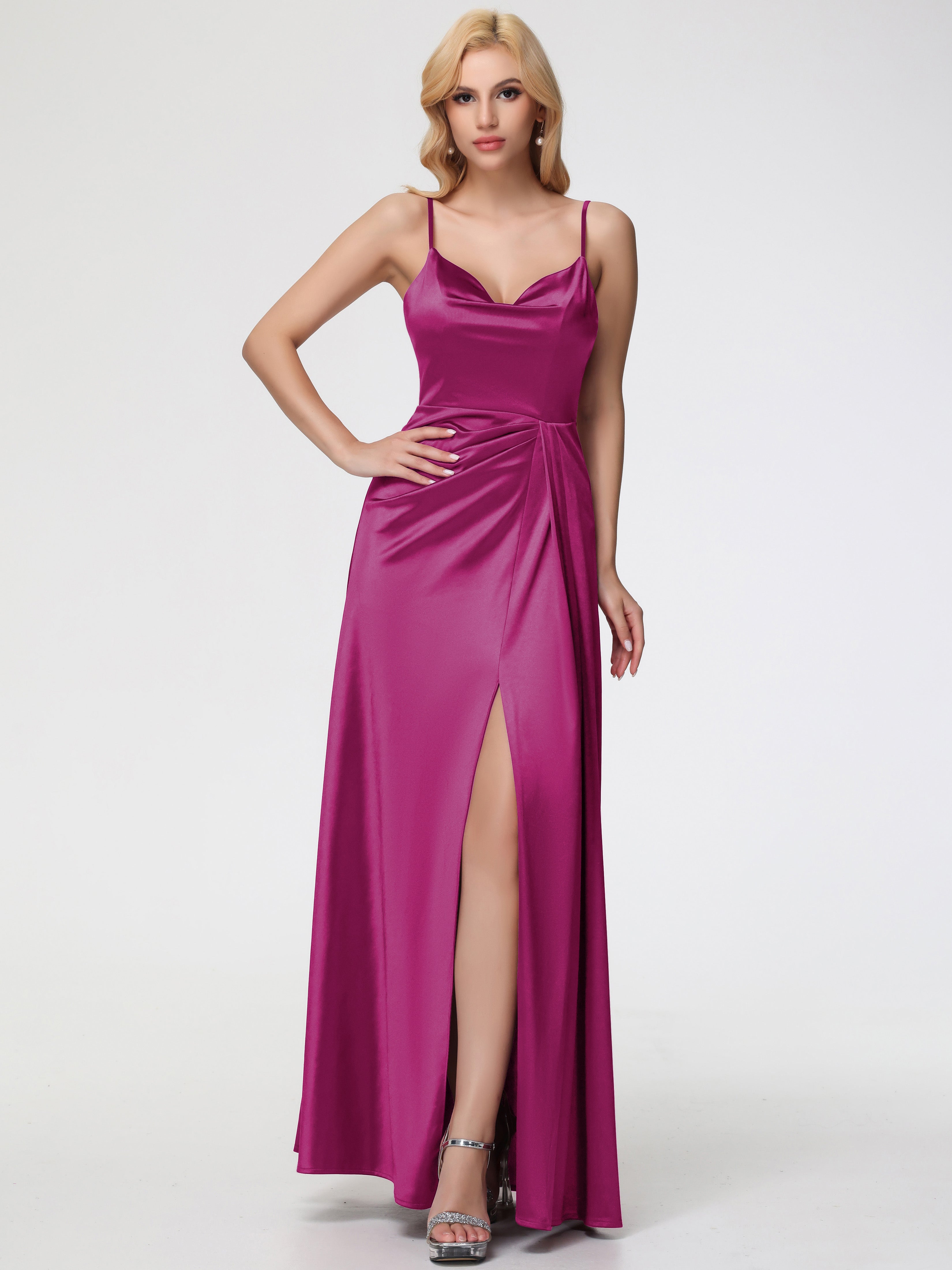 Robe Fuchsia Demoiselle D Honneur Col V Trapèze Satin Extensible Fendue Robe De Demoiselle D'Honneur Robe Plisée