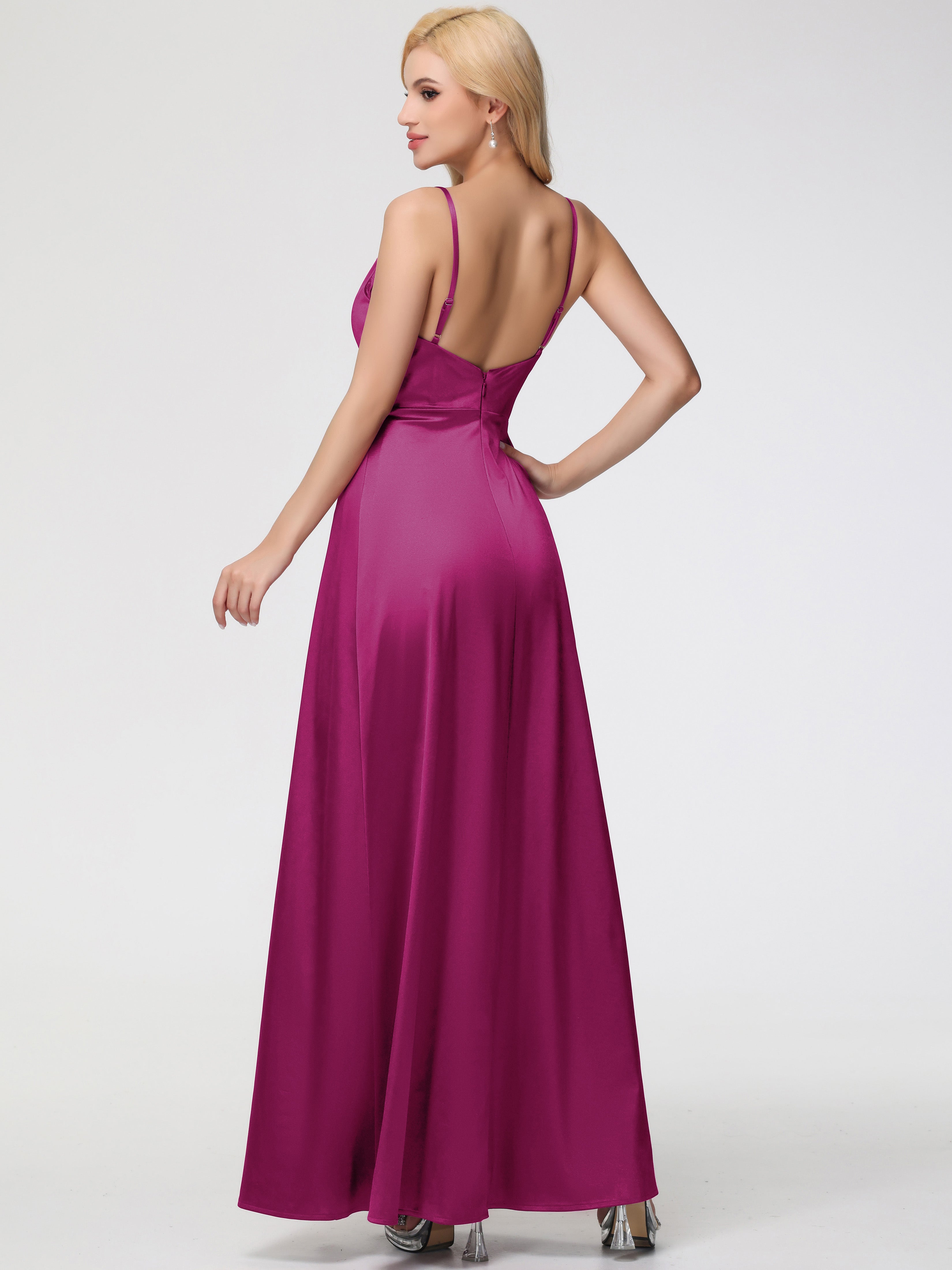 Robe Fuchsia Demoiselle D Honneur Col V Trapèze Satin Extensible Fendue Robe De Demoiselle D'Honneur Robe Plisée