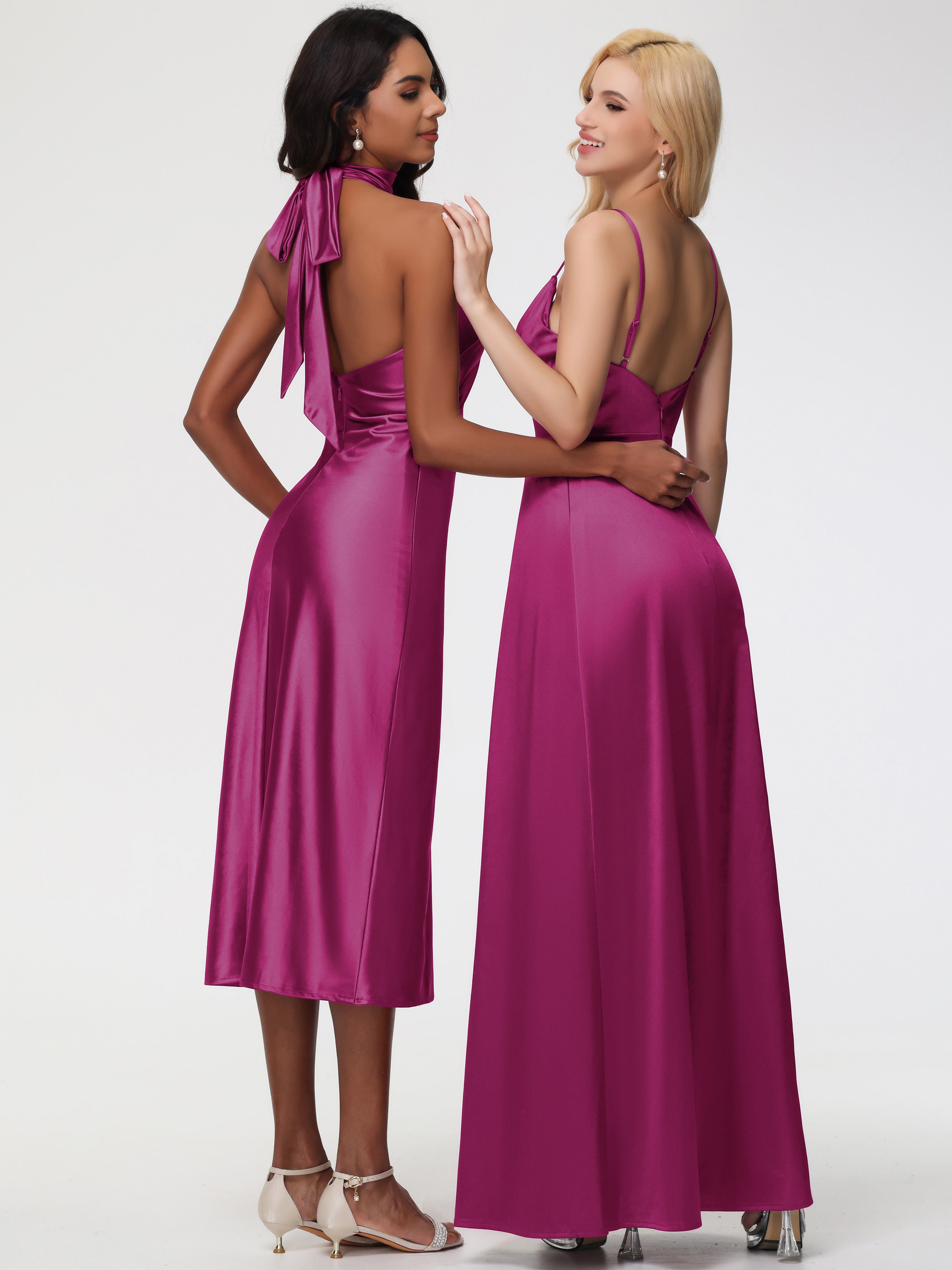 Robe Fuchsia Demoiselle D Honneur Col V Trapèze Satin Extensible Fendue Robe De Demoiselle D'Honneur Robe Plisée