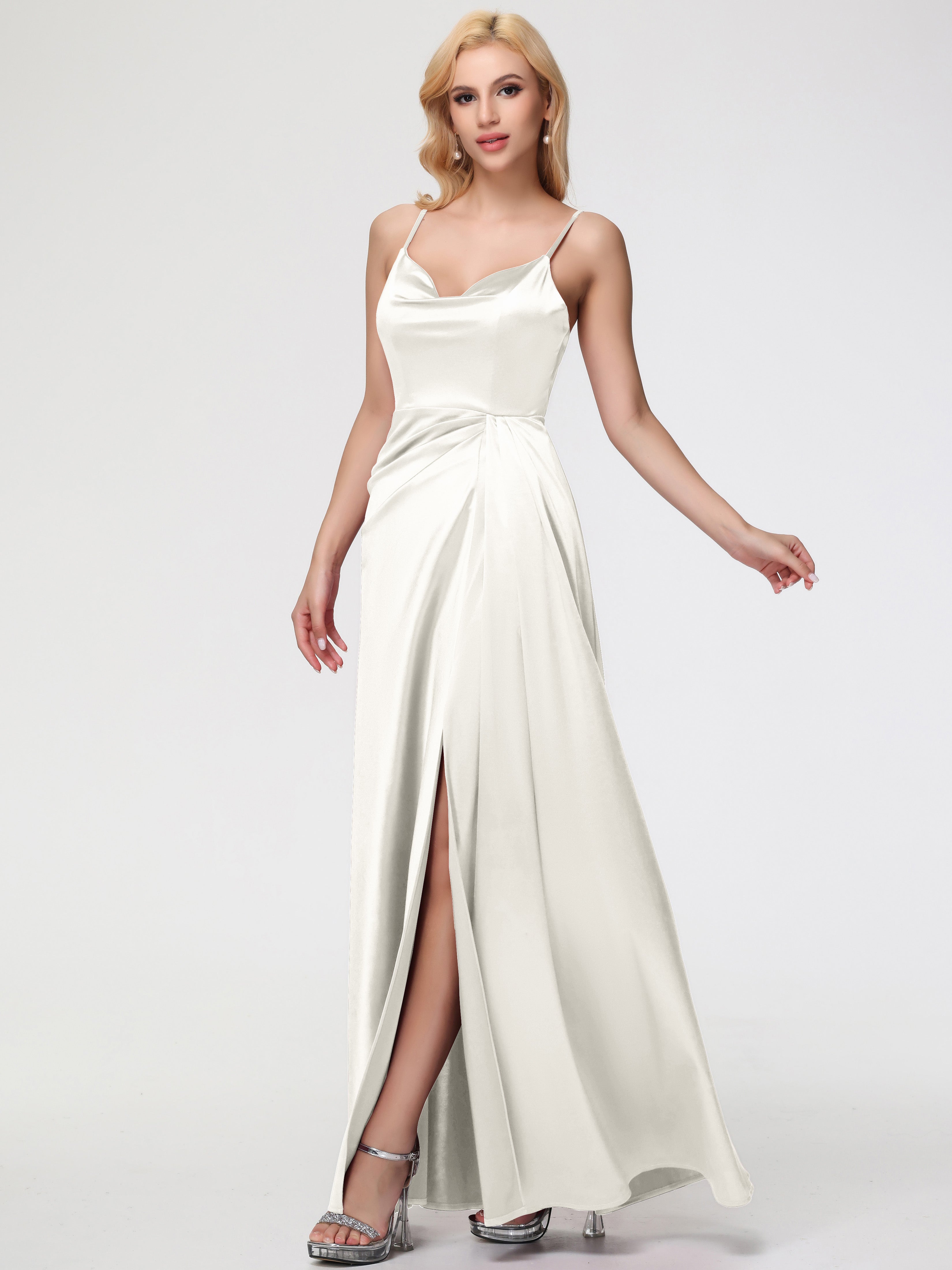 Robe Ivoire Demoiselle D Honneur Col V Trapèze Satin Extensible Fendue Robe De Demoiselle D'Honneur Robe Plisée