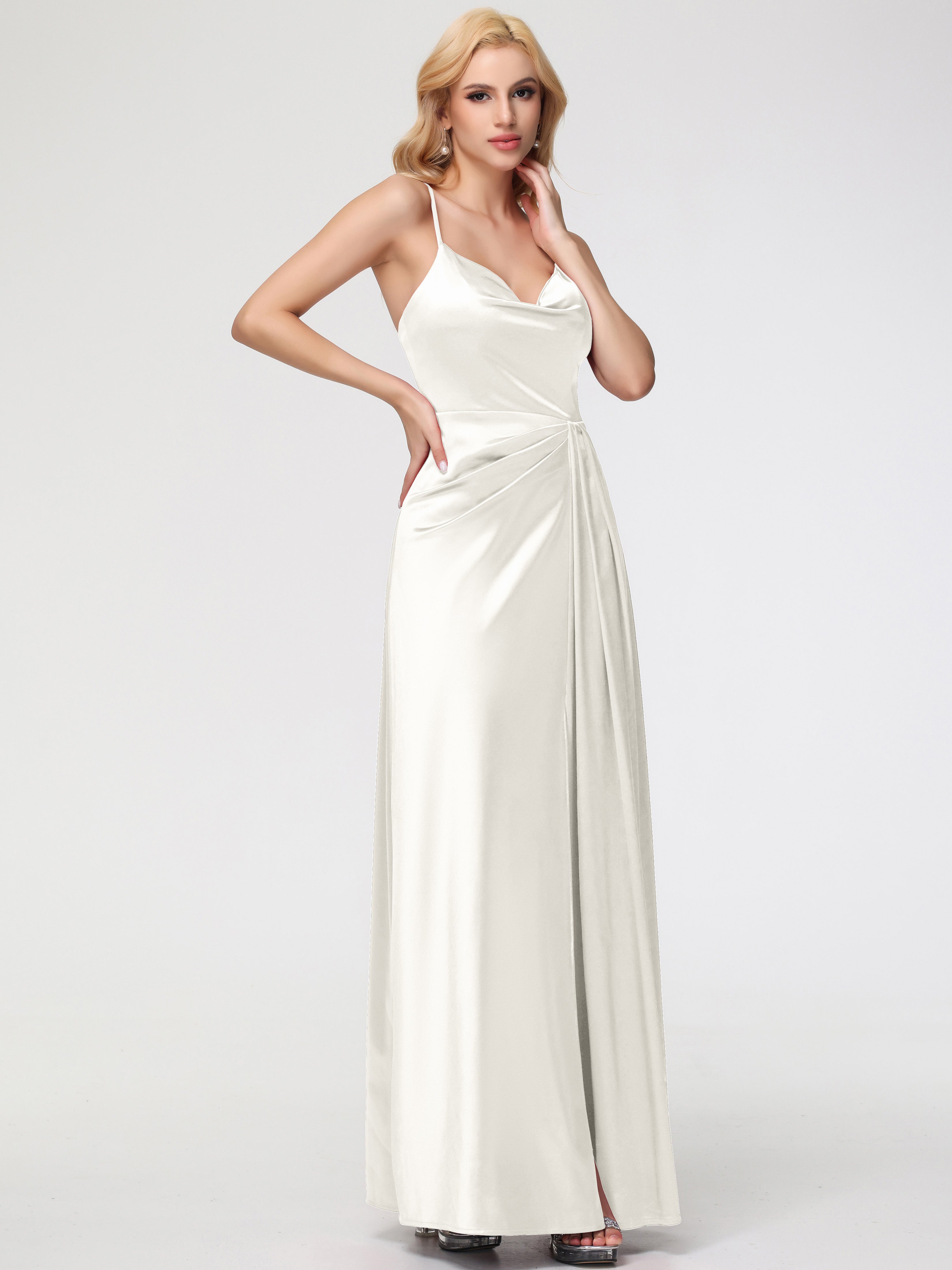 Robe Ivoire Demoiselle D Honneur Col V Trapèze Satin Extensible Fendue Robe De Demoiselle D'Honneur Robe Plisée