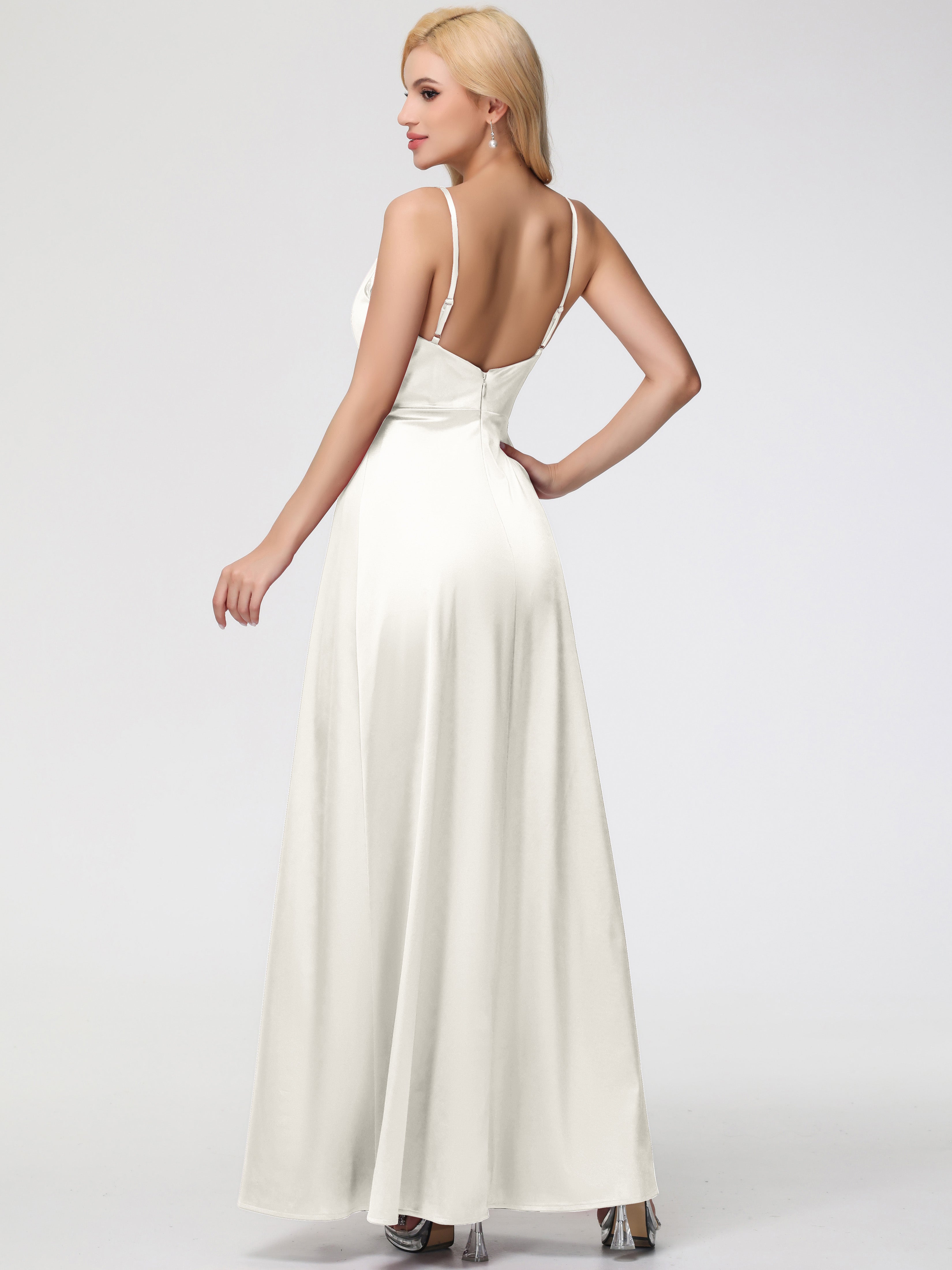 Robe Ivoire Demoiselle D Honneur Col V Trapèze Satin Extensible Fendue Robe De Demoiselle D'Honneur Robe Plisée