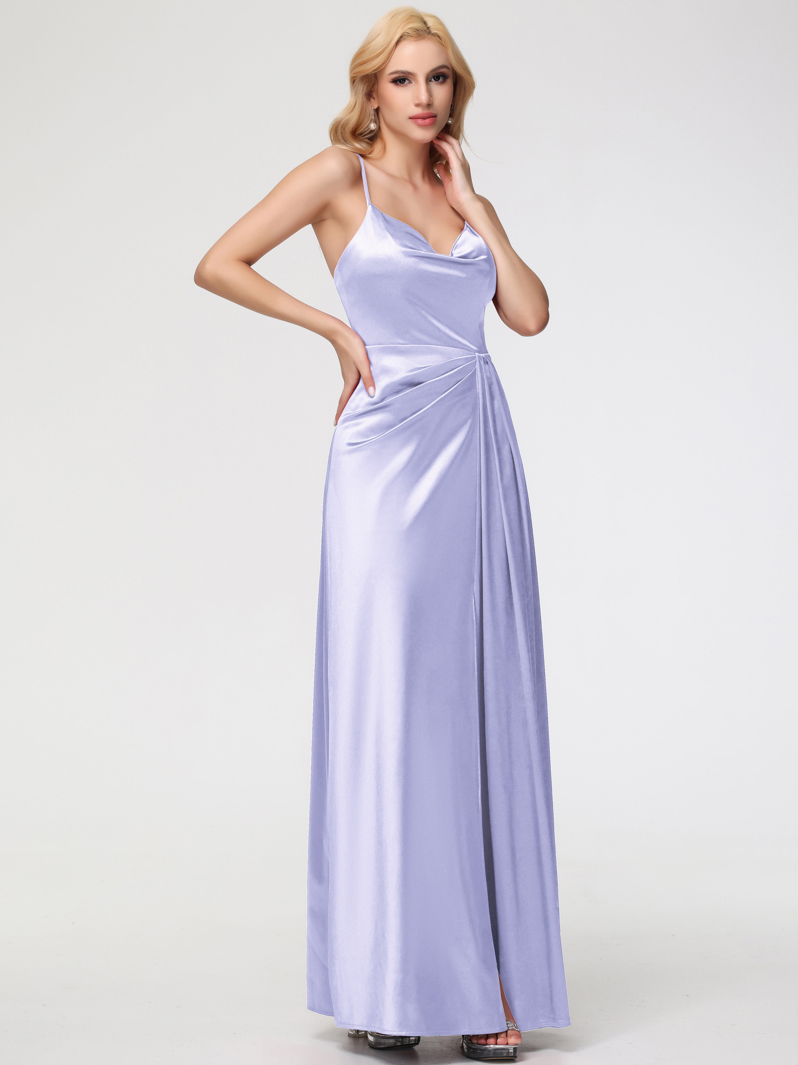 Robe Demoiselle D Honneur Couleur Lavande Col V Trapèze Satin Extensible Fendue Robe De Demoiselle D'Honneur Robe Plisée