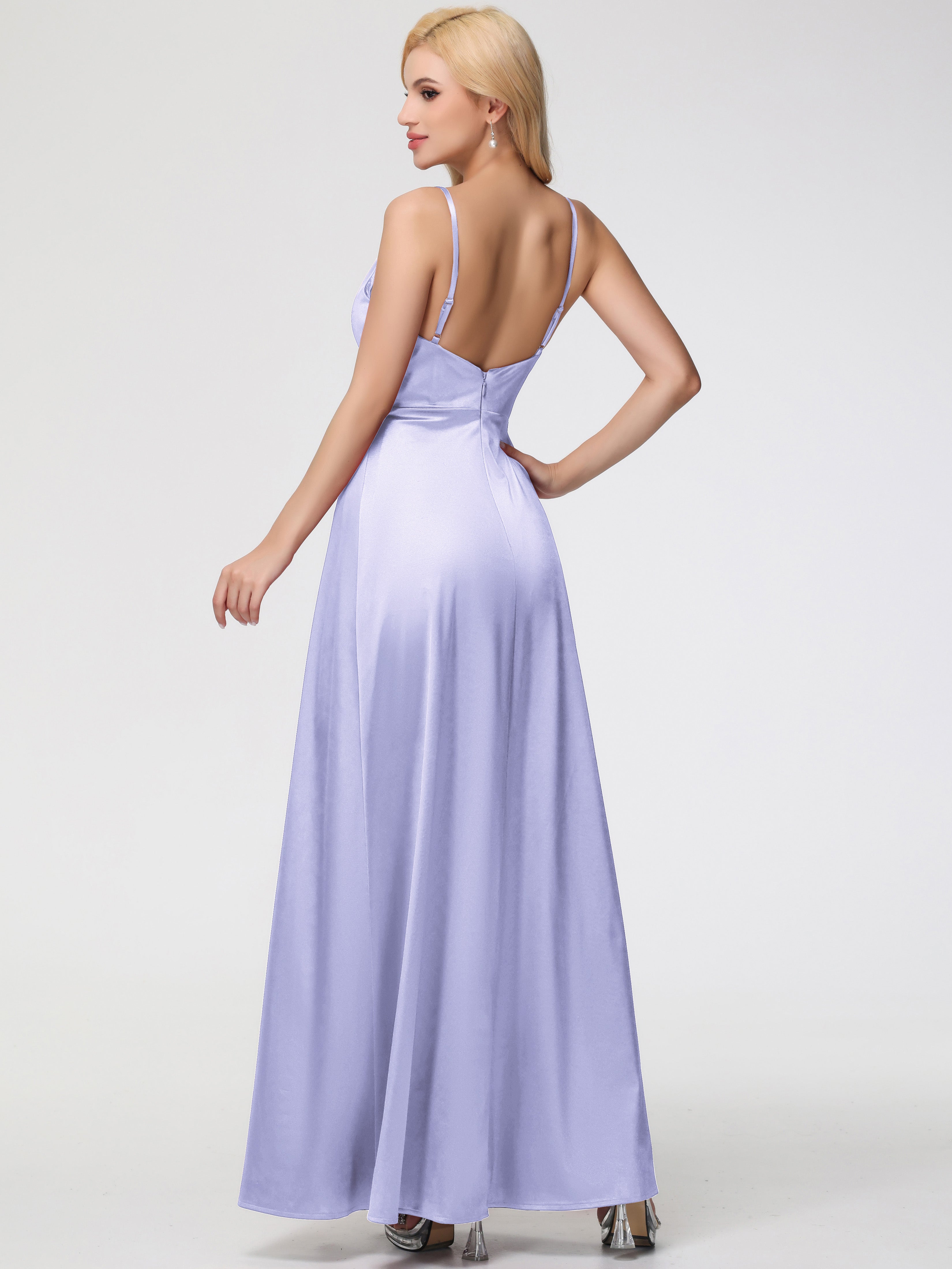 Robe Demoiselle D Honneur Couleur Lavande Col V Trapèze Satin Extensible Fendue Robe De Demoiselle D'Honneur Robe Plisée