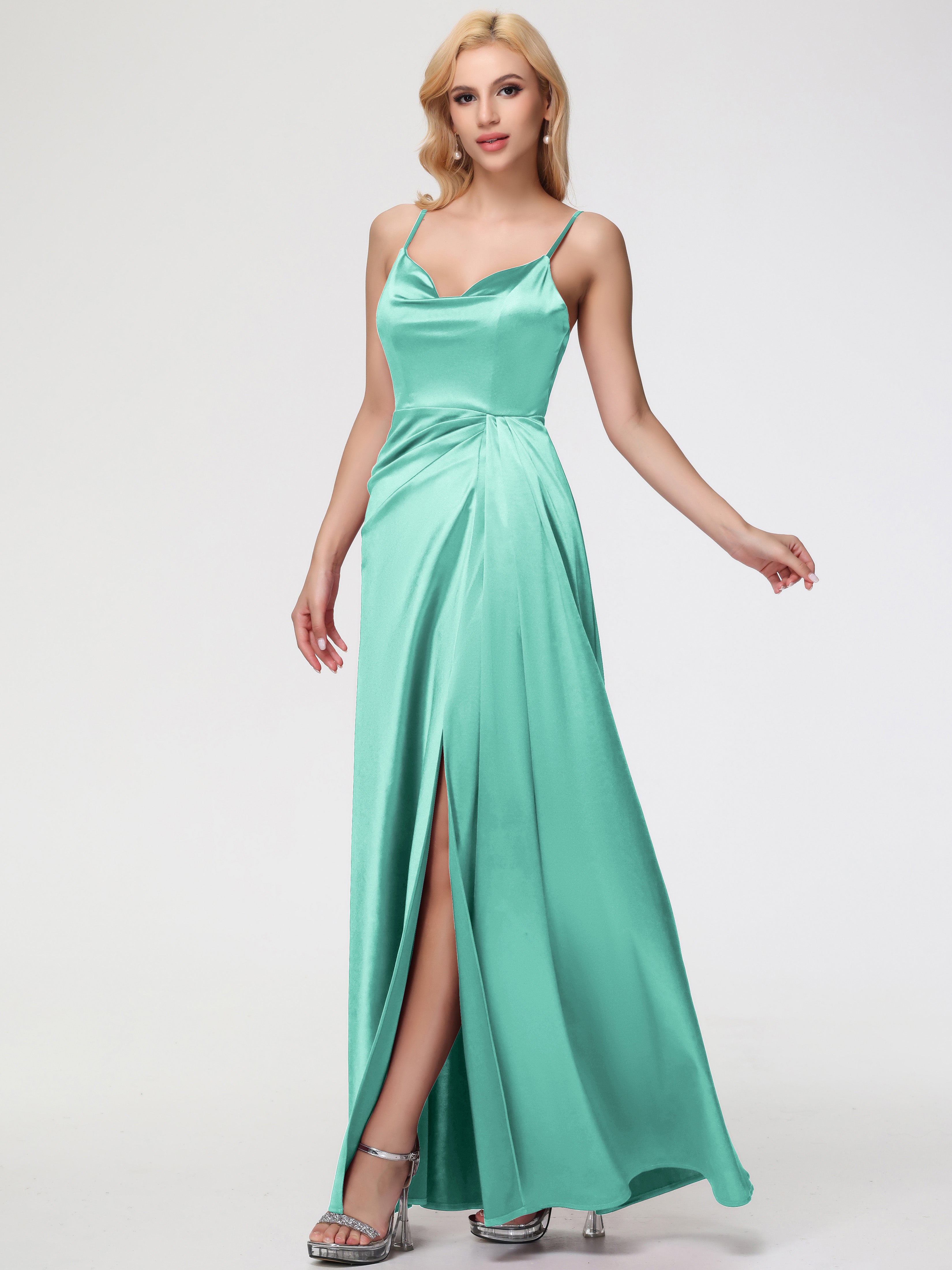 Robes De Demoiselle D'Honneur Vert Menthe Col V Trapèze Satin Extensible Fendue Robe De Demoiselle D'Honneur Robe Plisée