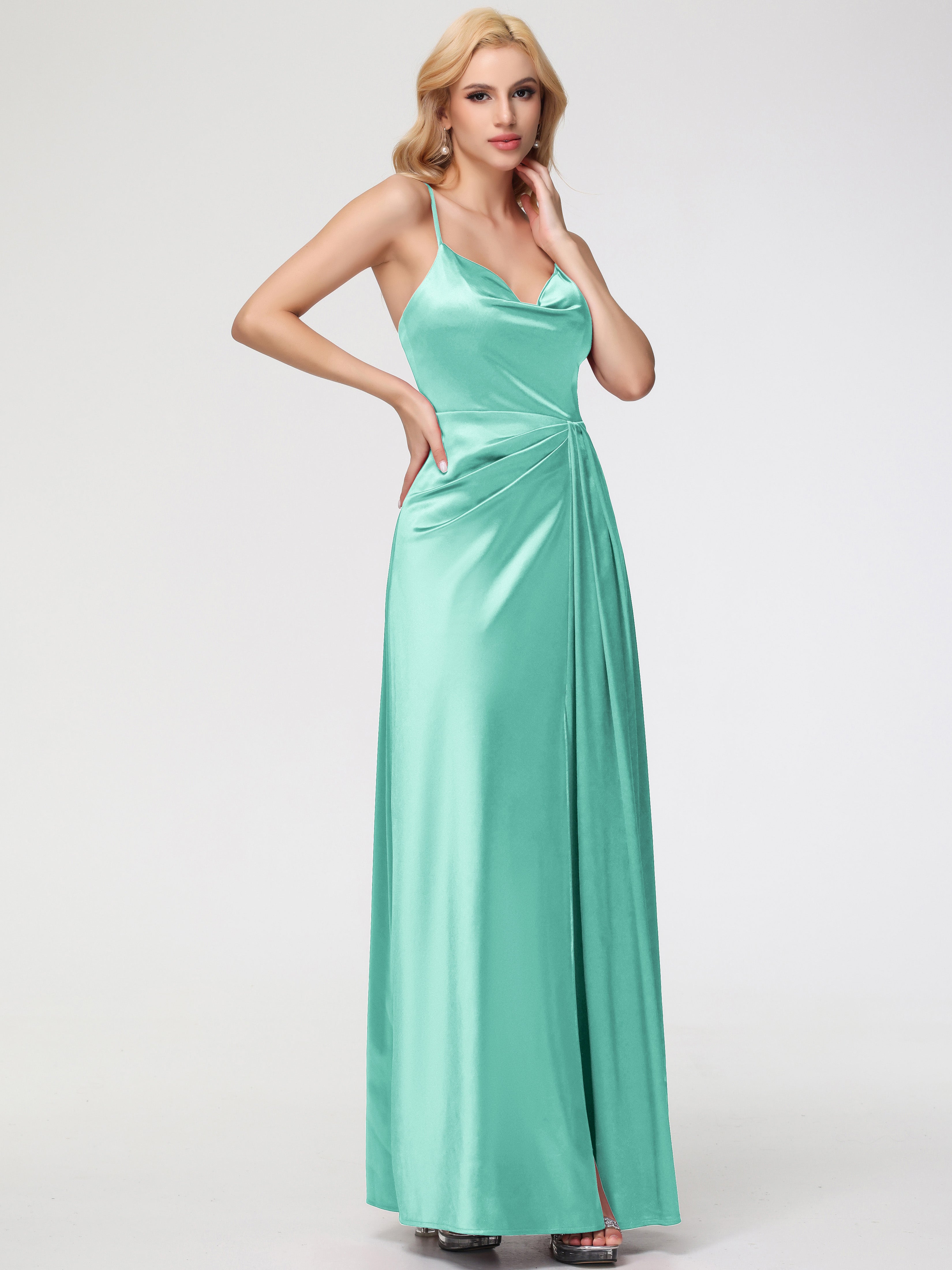 Robes De Demoiselle D'Honneur Vert Menthe Col V Trapèze Satin Extensible Fendue Robe De Demoiselle D'Honneur Robe Plisée