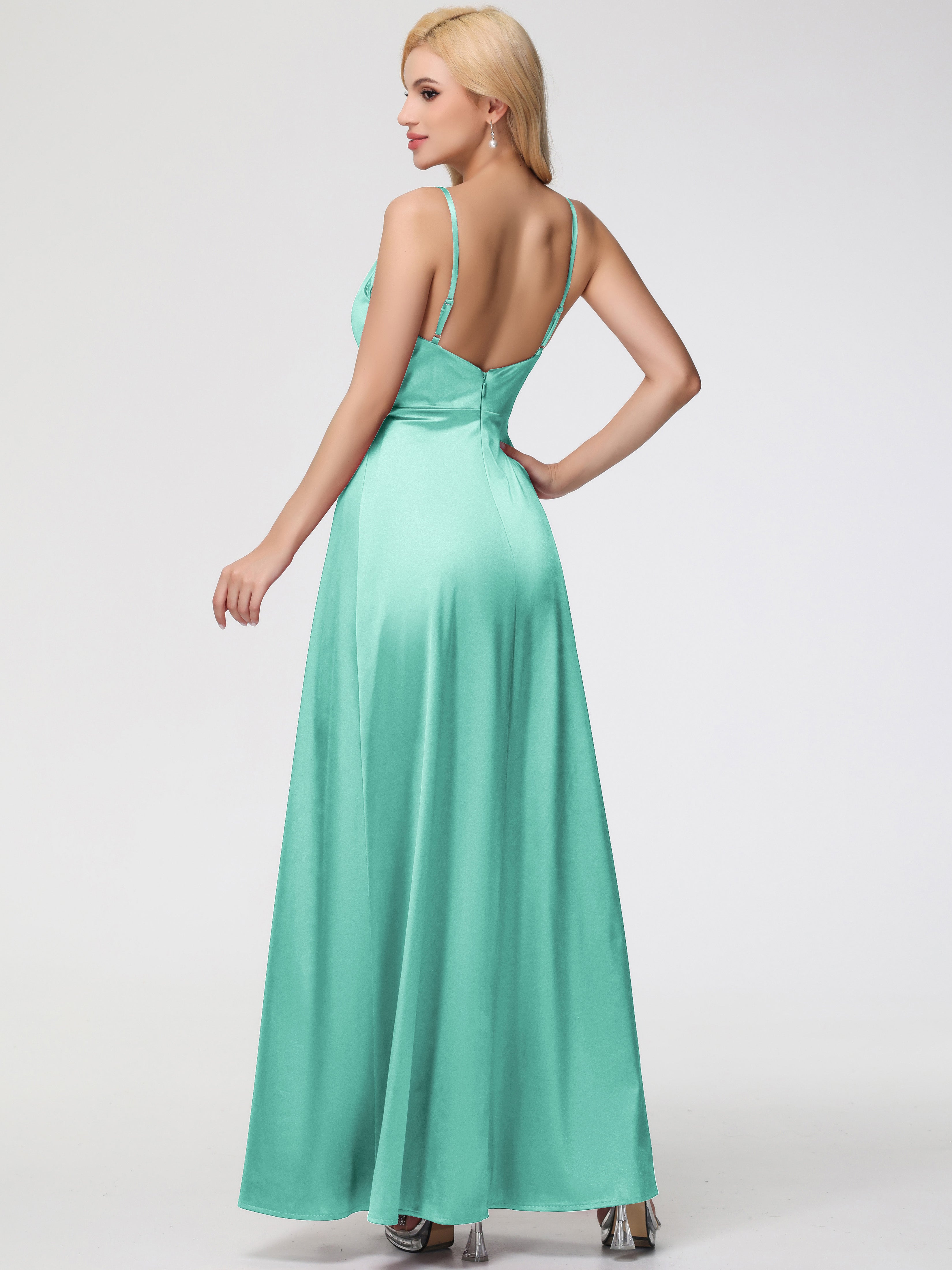 Robes De Demoiselle D'Honneur Vert Menthe Col V Trapèze Satin Extensible Fendue Robe De Demoiselle D'Honneur Robe Plisée