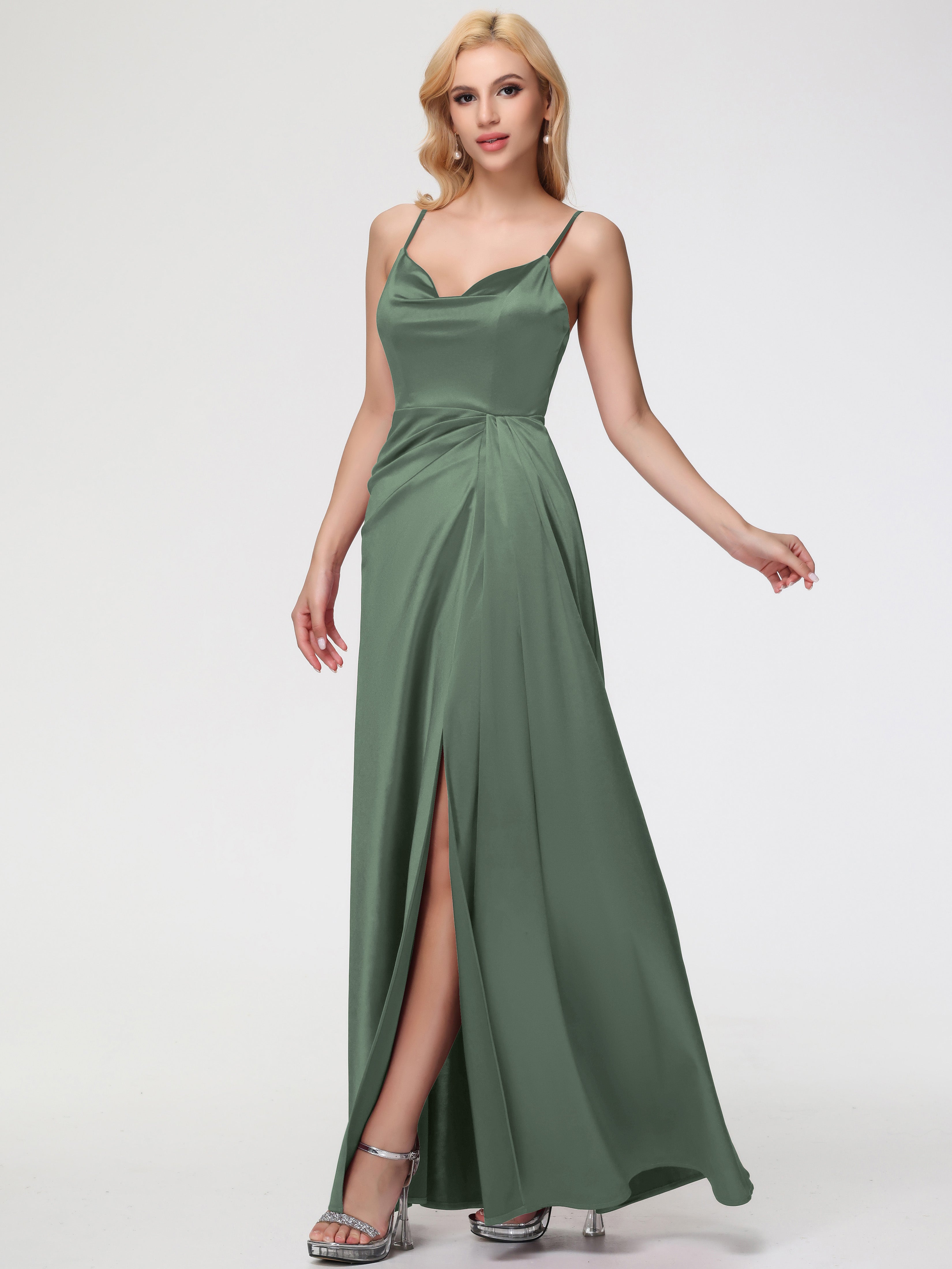 Robe Demoiselle D Honneur Vert Olive Col V Trapèze Satin Extensible Fendue Robe De Demoiselle D'Honneur Robe Plisée