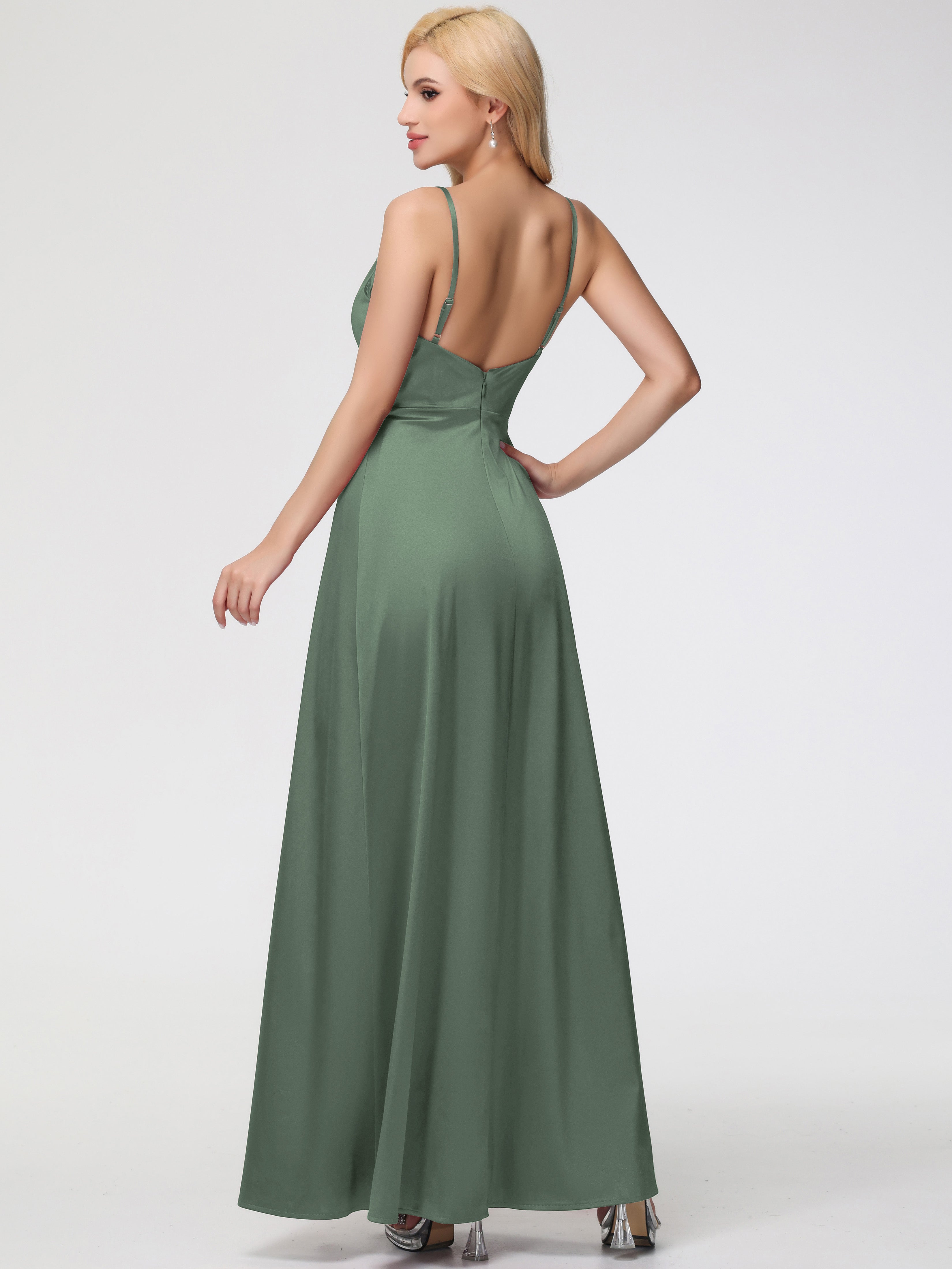 Robe Demoiselle D Honneur Vert Olive Col V Trapèze Satin Extensible Fendue Robe De Demoiselle D'Honneur Robe Plisée