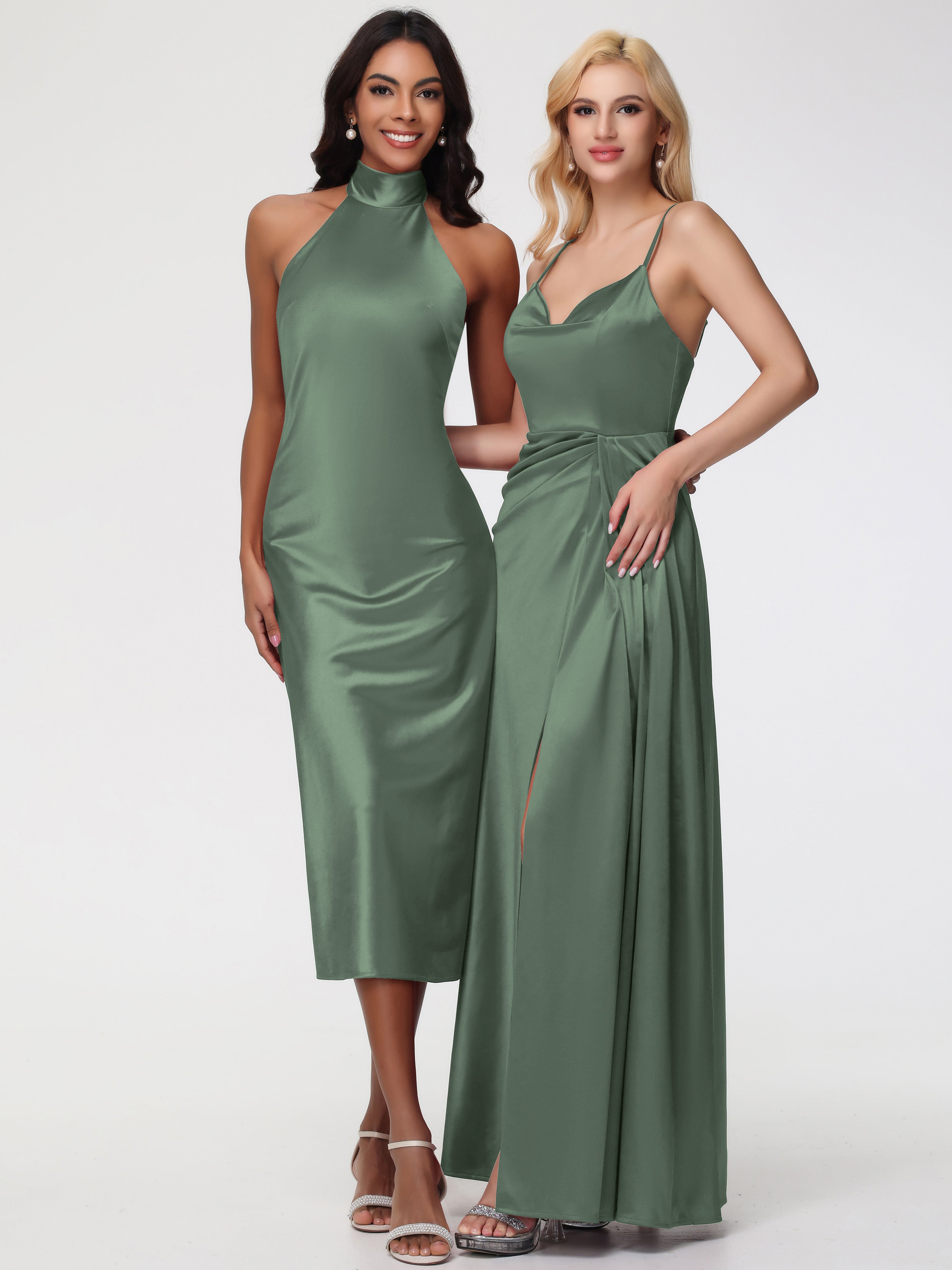 Robe Demoiselle D Honneur Vert Olive Col V Trapèze Satin Extensible Fendue Robe De Demoiselle D'Honneur Robe Plisée