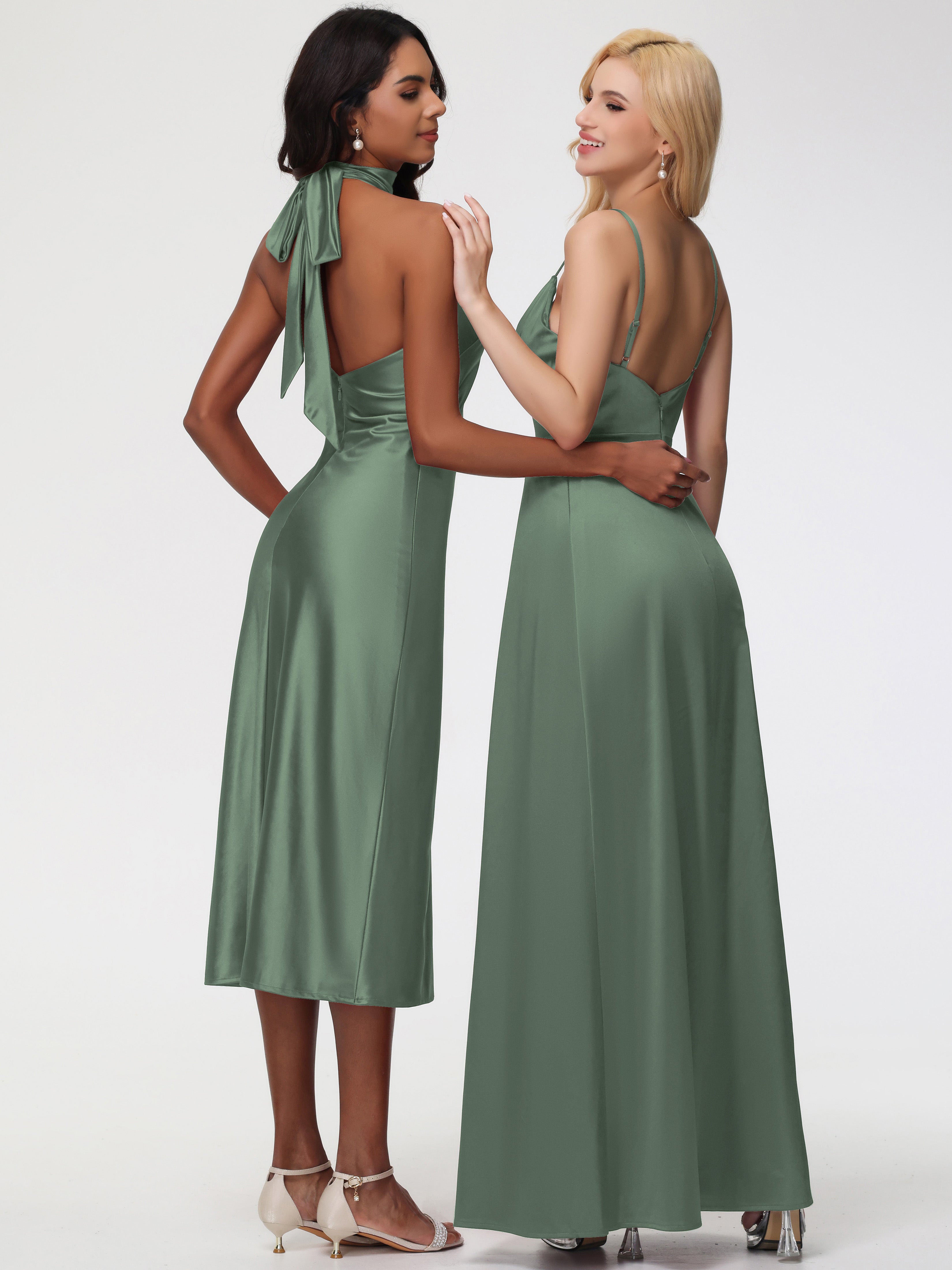 Robe Demoiselle D Honneur Vert Olive Col V Trapèze Satin Extensible Fendue Robe De Demoiselle D'Honneur Robe Plisée