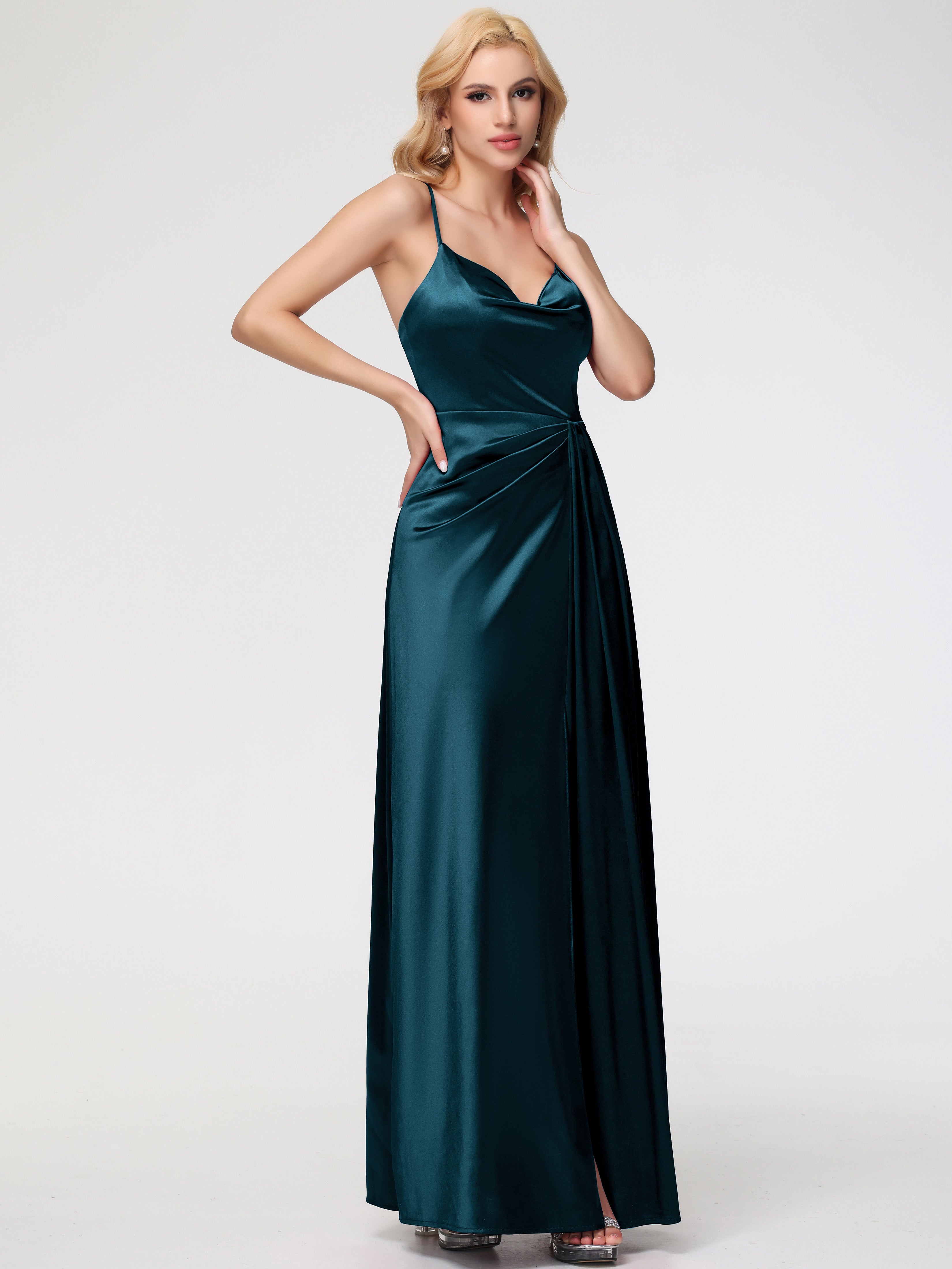 Demoiselle D'Honneur De Paon Col V Trapèze Satin Extensible Fendue Robe De Demoiselle D'Honneur Robe Plisée