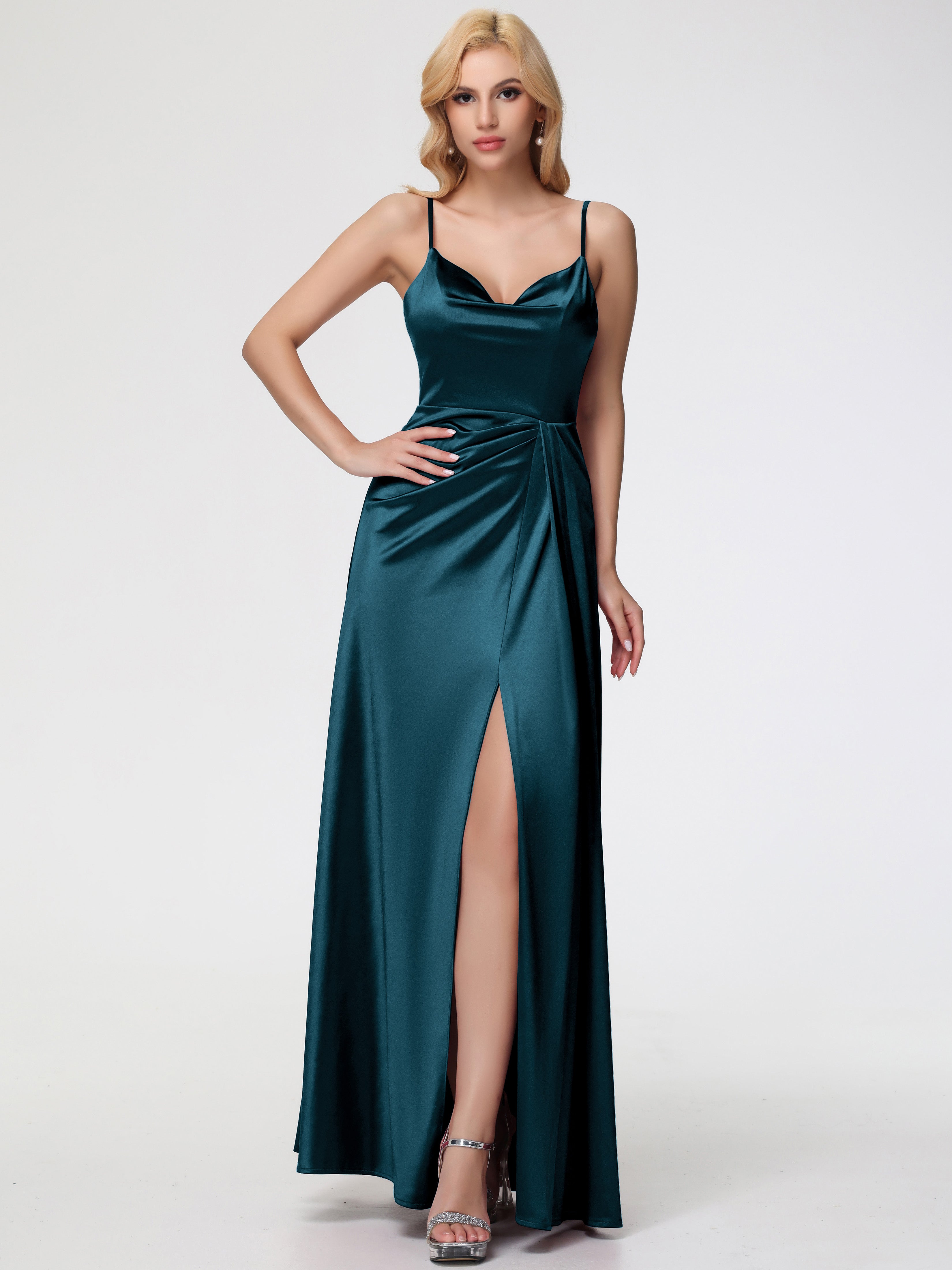 Demoiselle D'Honneur De Paon Col V Trapèze Satin Extensible Fendue Robe De Demoiselle D'Honneur Robe Plisée