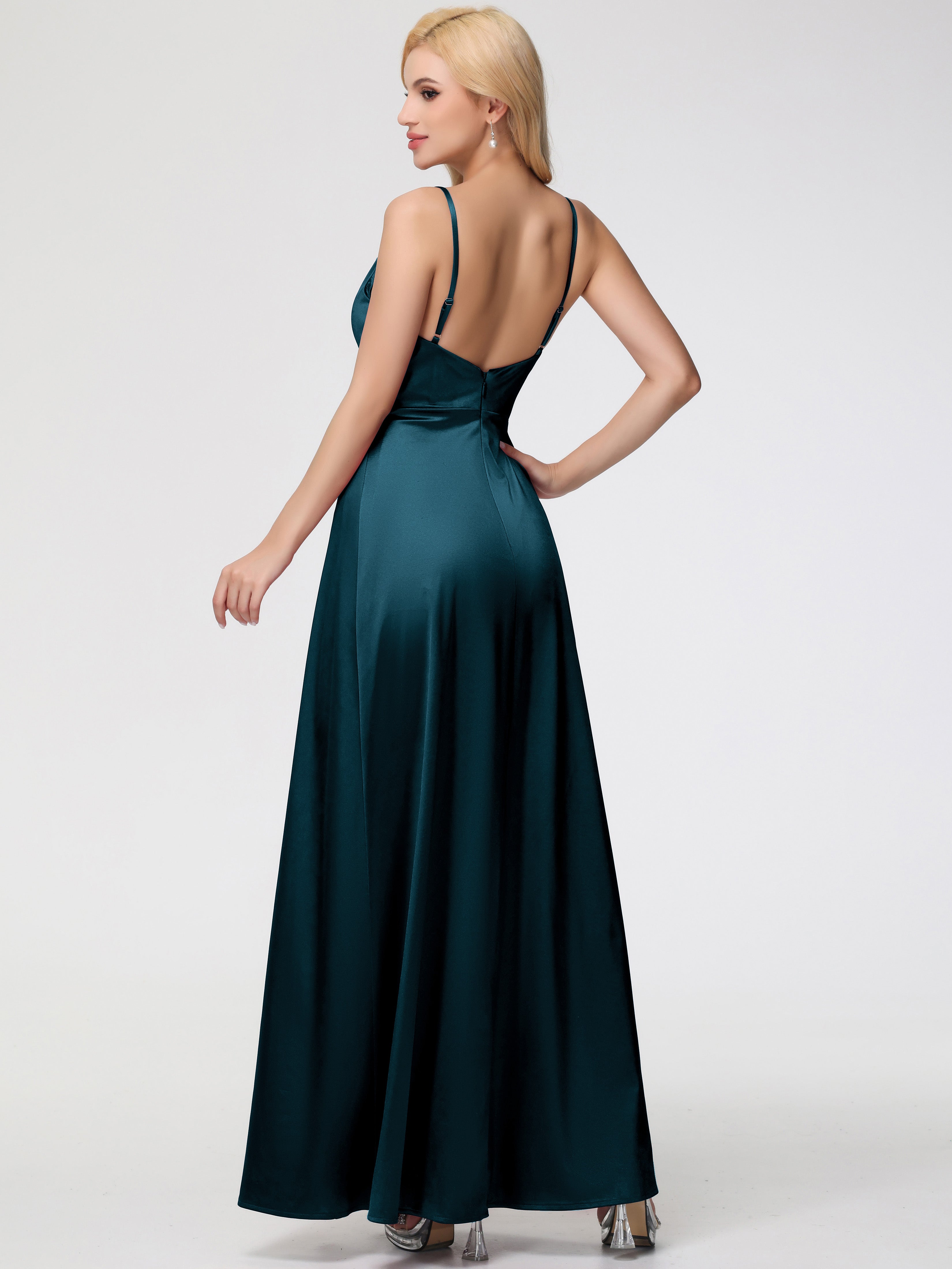 Demoiselle D'Honneur De Paon Col V Trapèze Satin Extensible Fendue Robe De Demoiselle D'Honneur Robe Plisée