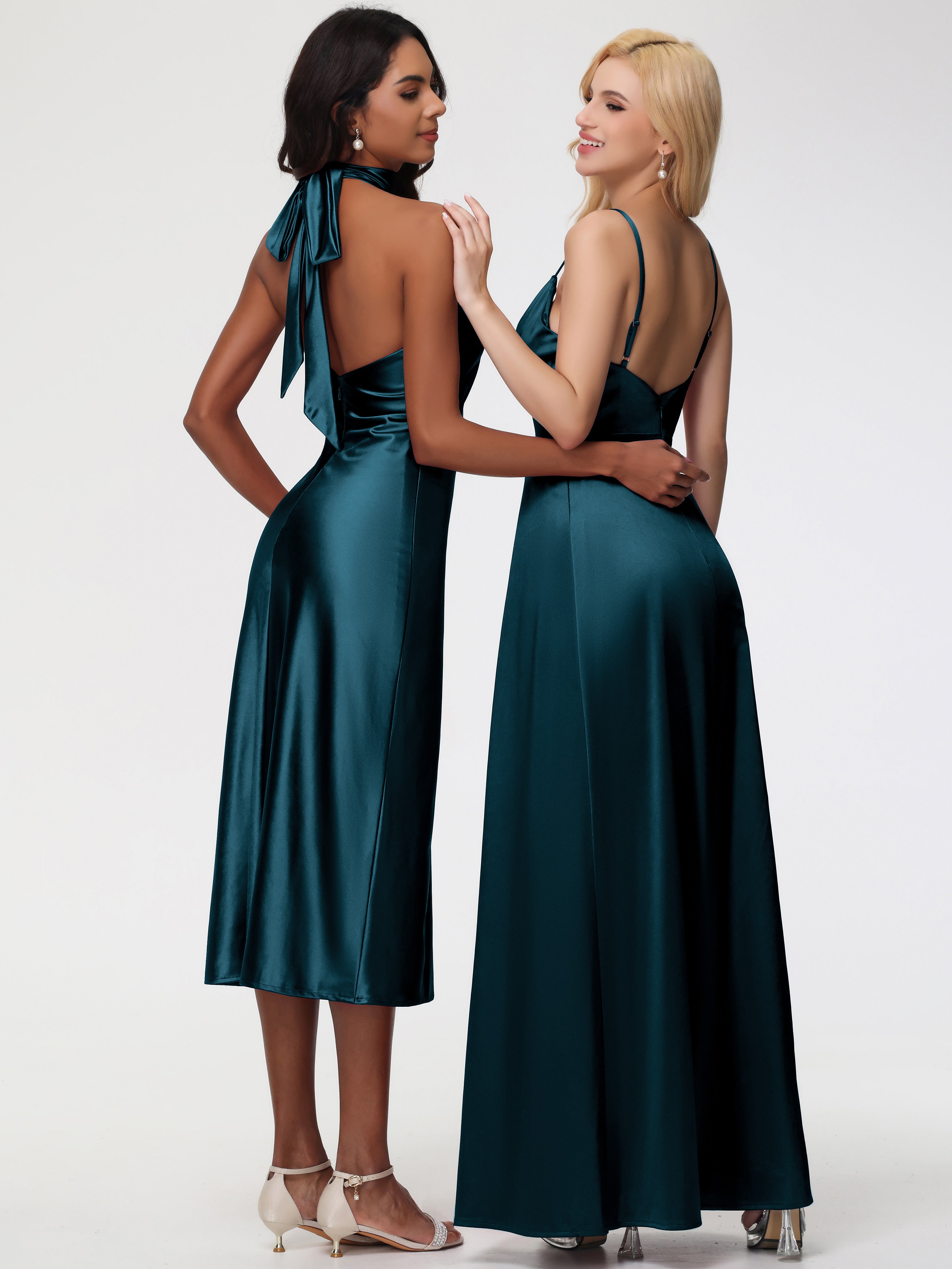 Demoiselle D'Honneur De Paon Col V Trapèze Satin Extensible Fendue Robe De Demoiselle D'Honneur Robe Plisée