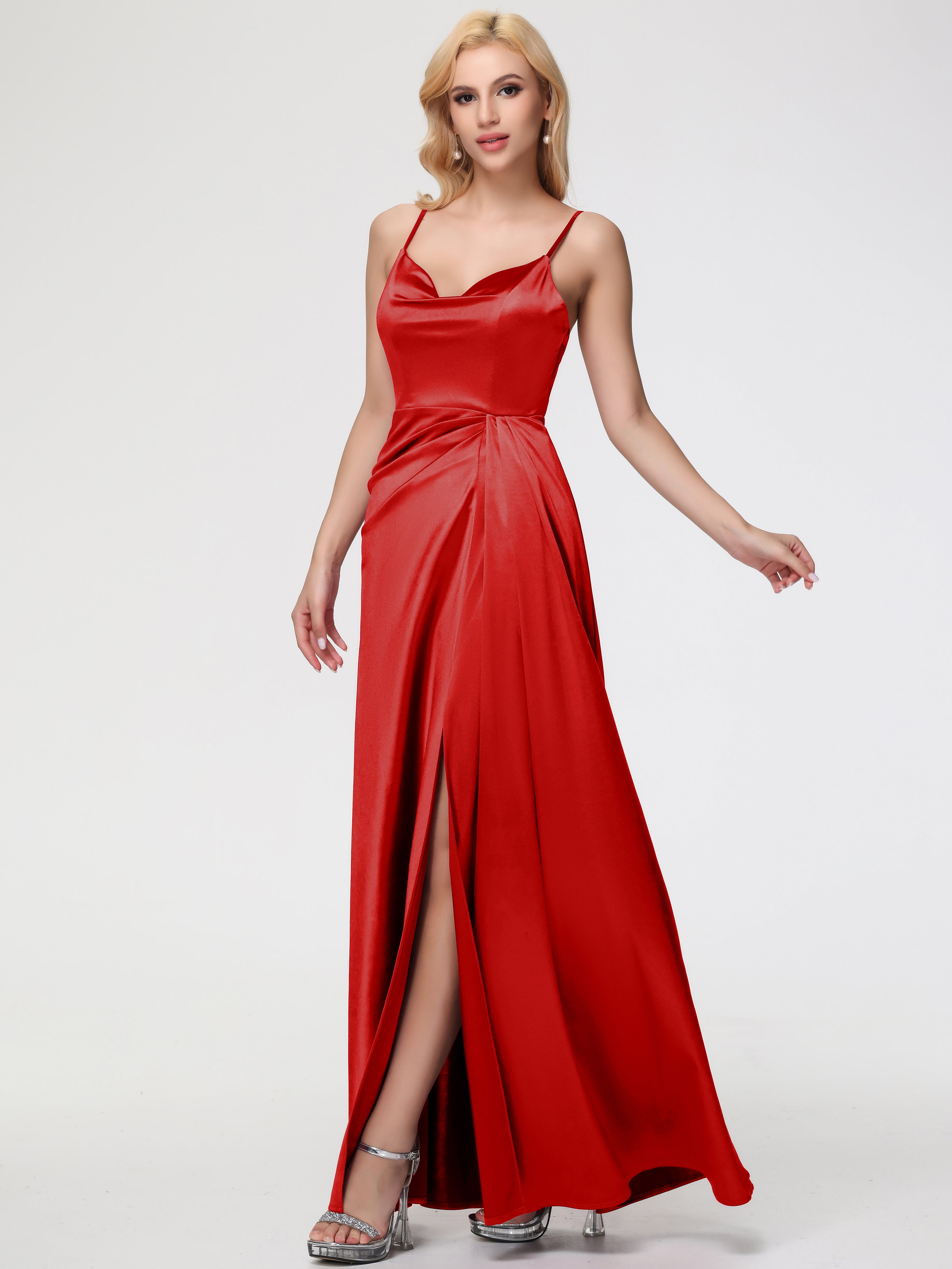 Robe Longue Demoiselle D Honneur Rouge Col V Trapèze Satin Extensible Fendue Robe De Demoiselle D'Honneur Robe Plisée