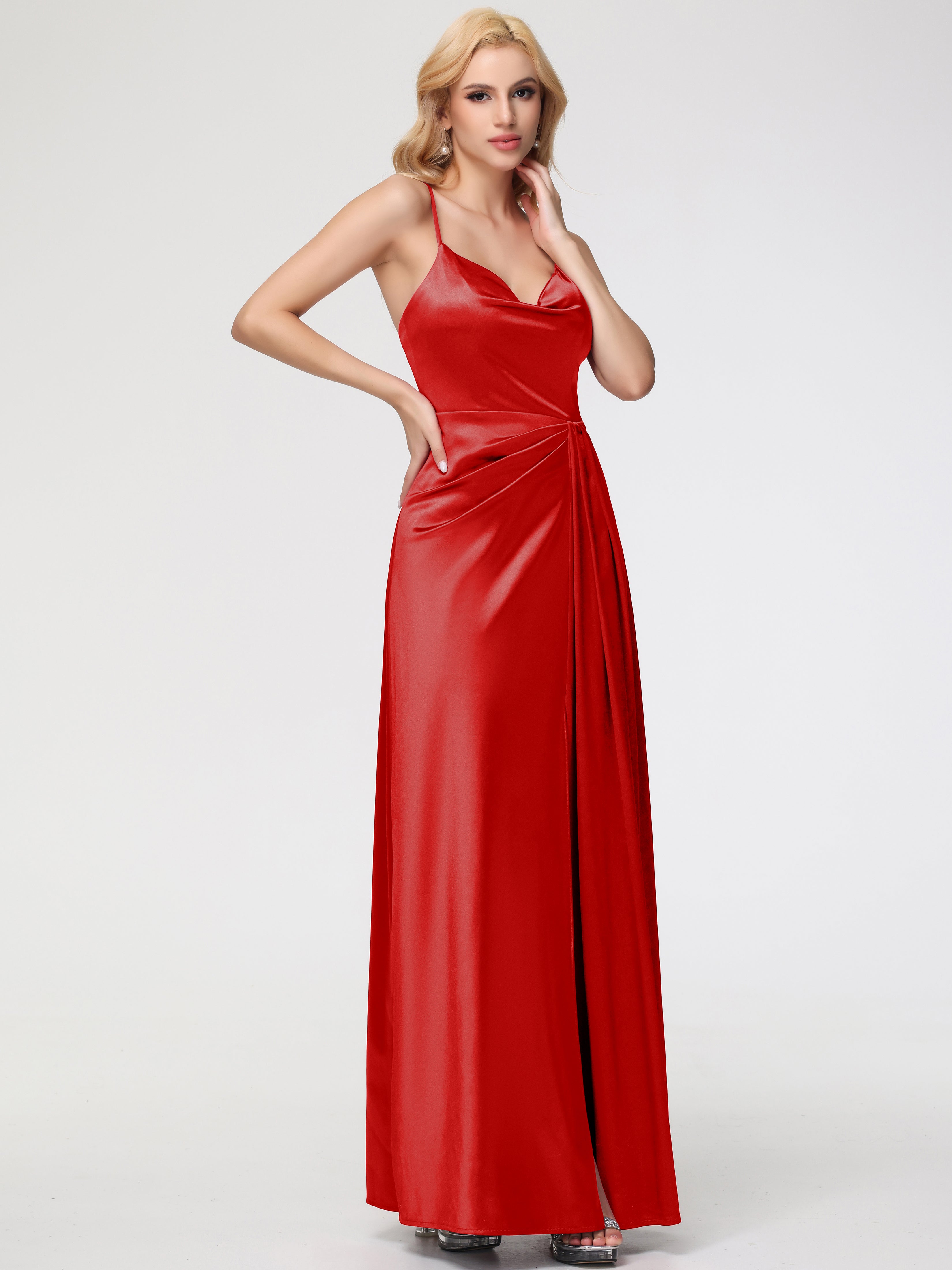Robe Longue Demoiselle D Honneur Rouge Col V Trapèze Satin Extensible Fendue Robe De Demoiselle D'Honneur Robe Plisée