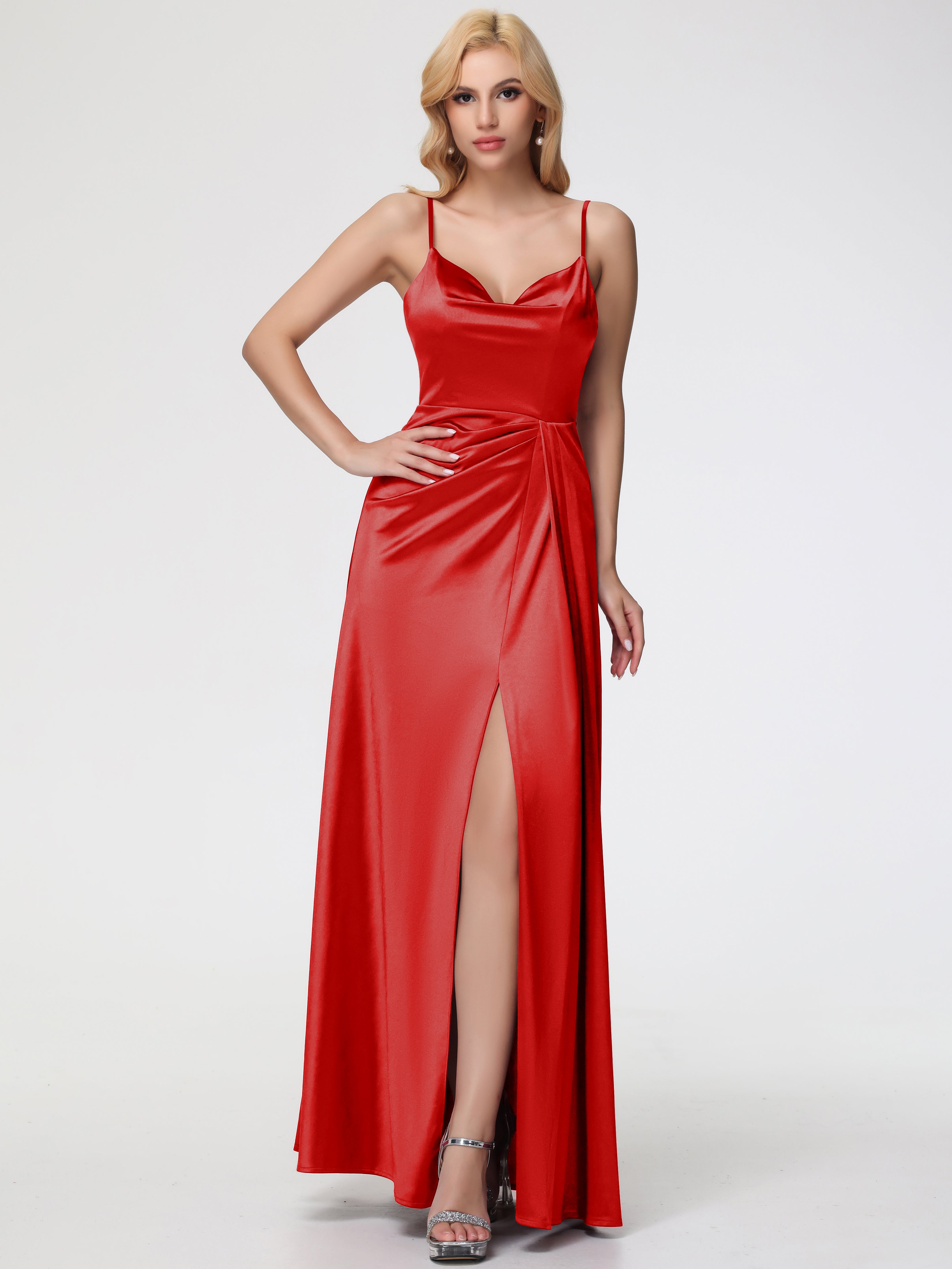 Robe Longue Demoiselle D Honneur Rouge Col V Trapèze Satin Extensible Fendue Robe De Demoiselle D'Honneur Robe Plisée
