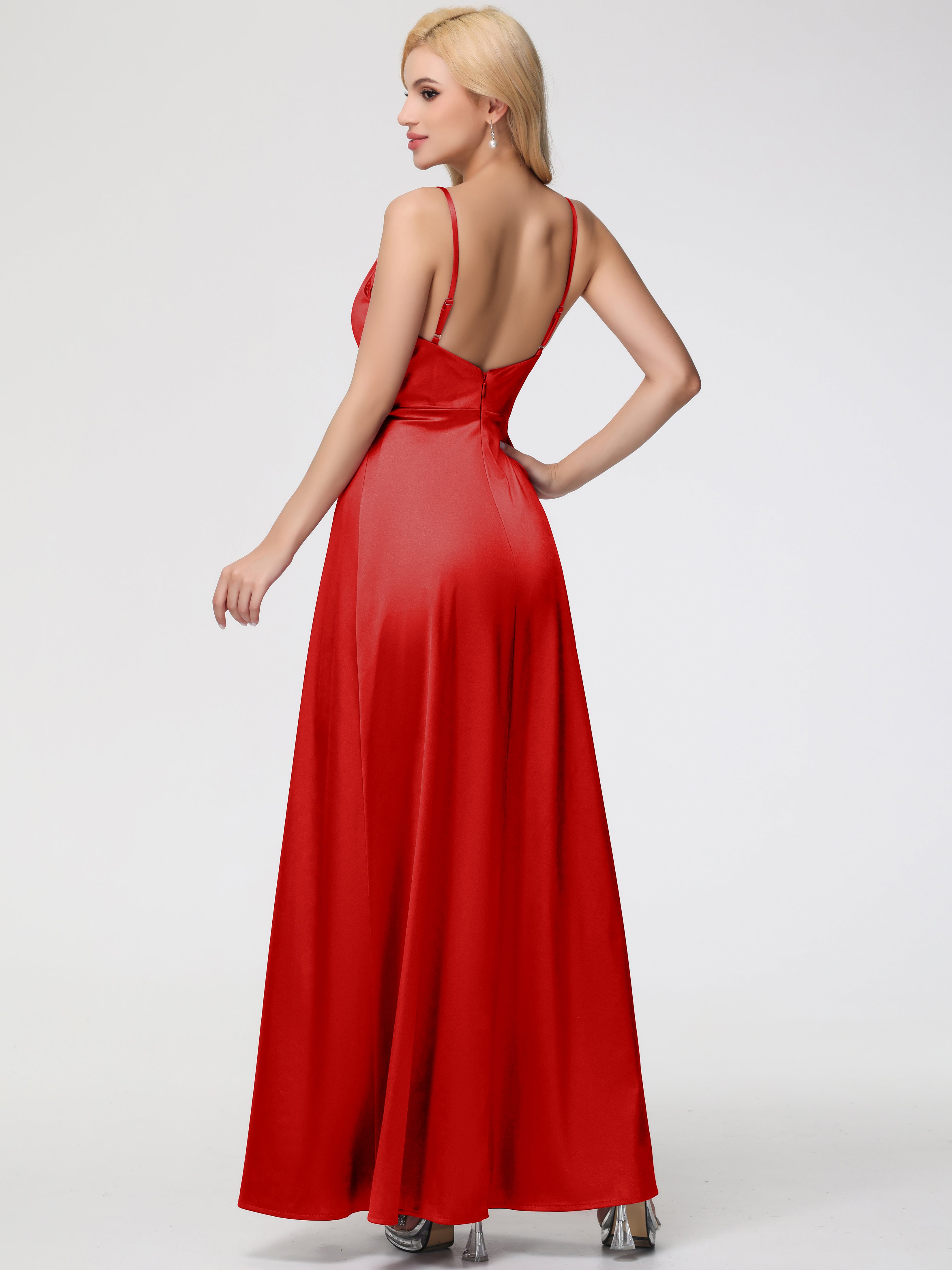 Robe Longue Demoiselle D Honneur Rouge Col V Trapèze Satin Extensible Fendue Robe De Demoiselle D'Honneur Robe Plisée