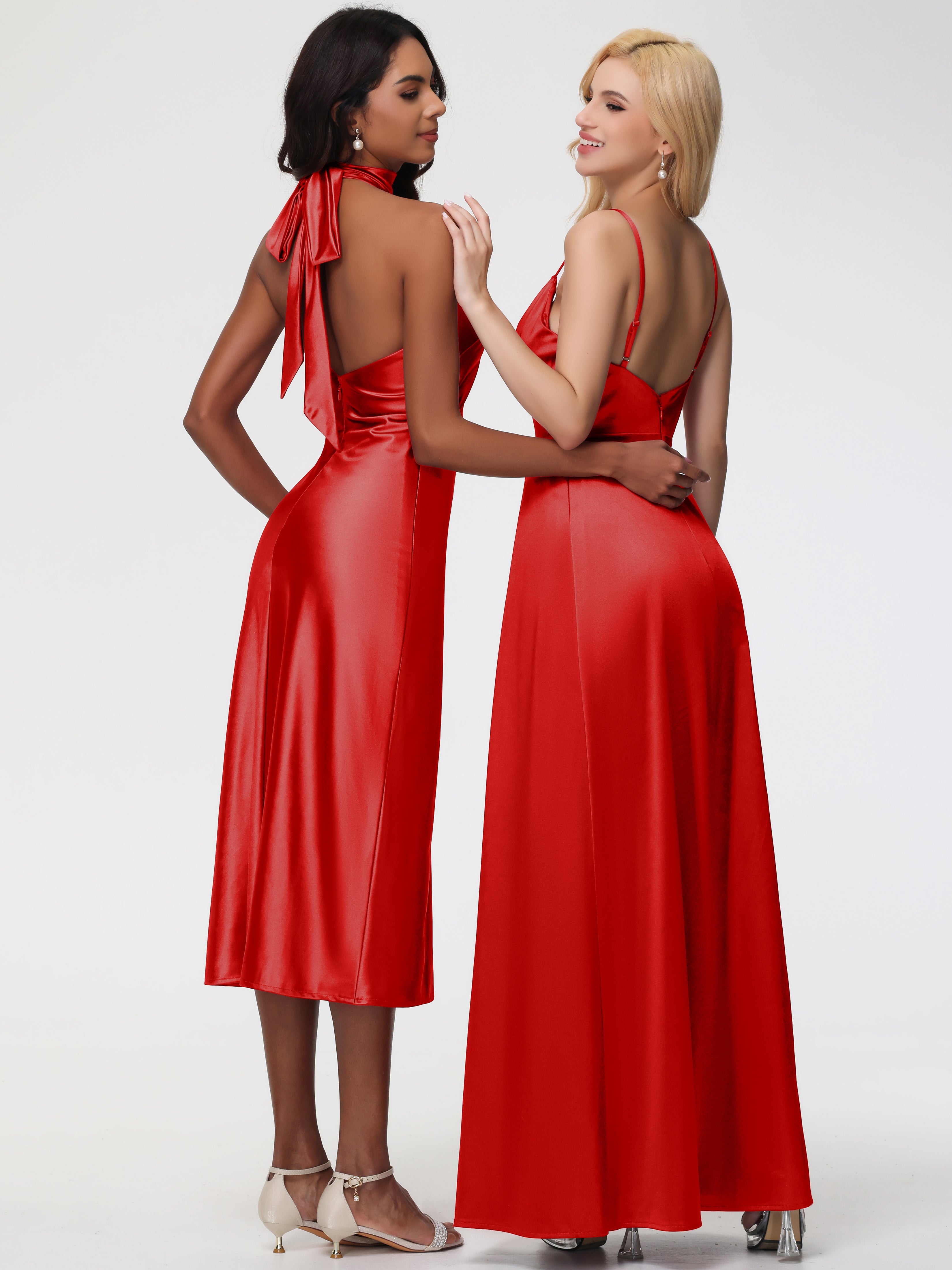 Robe Longue Demoiselle D Honneur Rouge Col V Trapèze Satin Extensible Fendue Robe De Demoiselle D'Honneur Robe Plisée