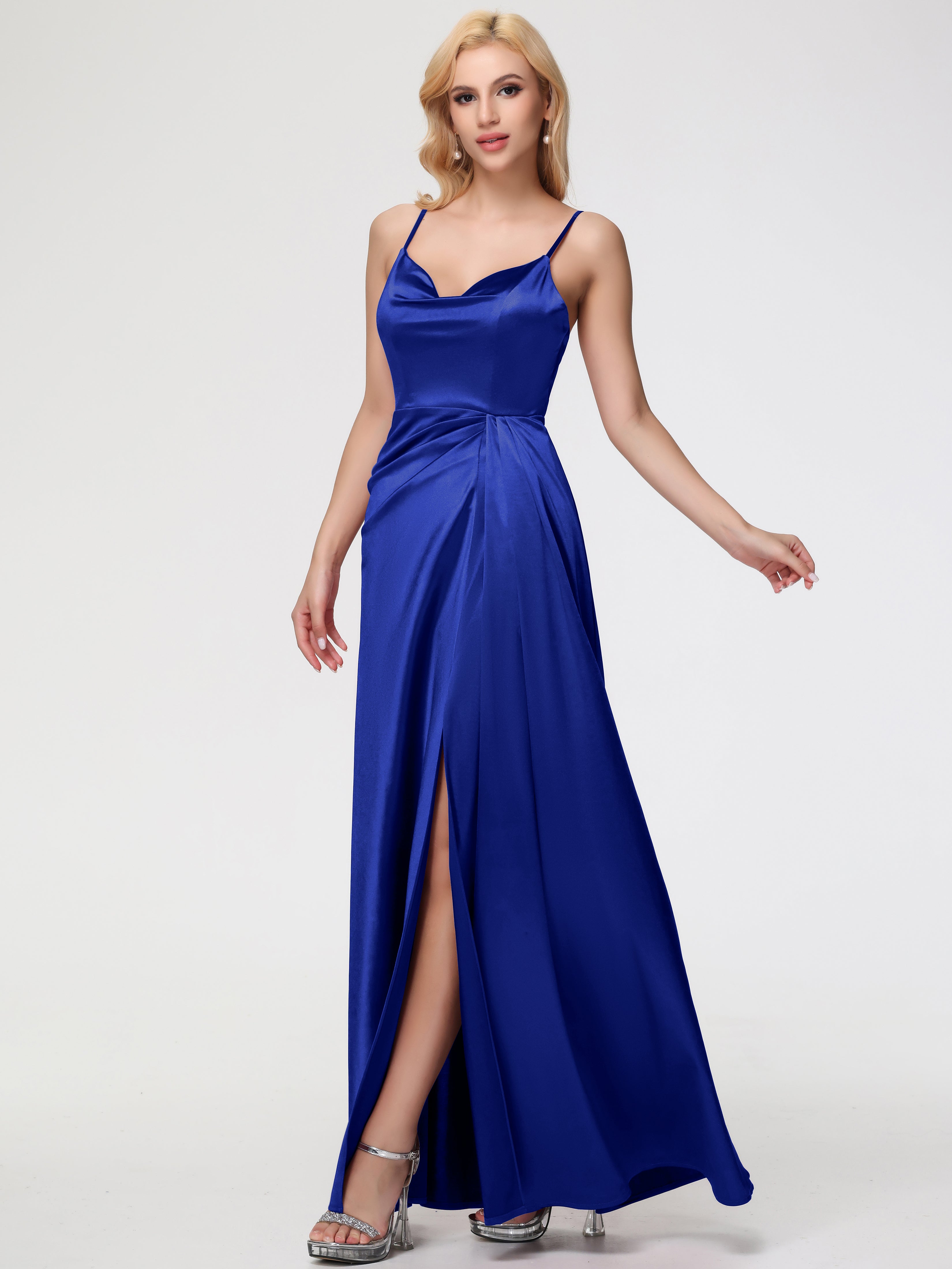 Robe De Demoiselle D Honneur Bleu Royal Col V Trapèze Satin Extensible Fendue Robe De Demoiselle D'Honneur Robe Plisée
